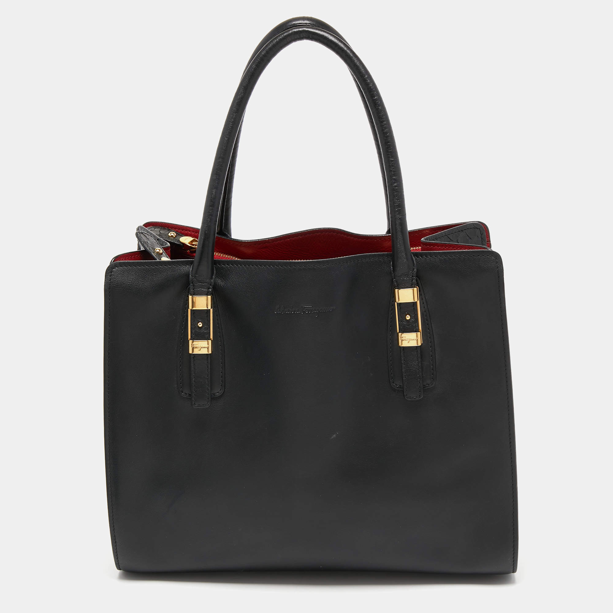 Pre Owned Salvatore Ferragamo Black Leather and Python Whitney Tote 