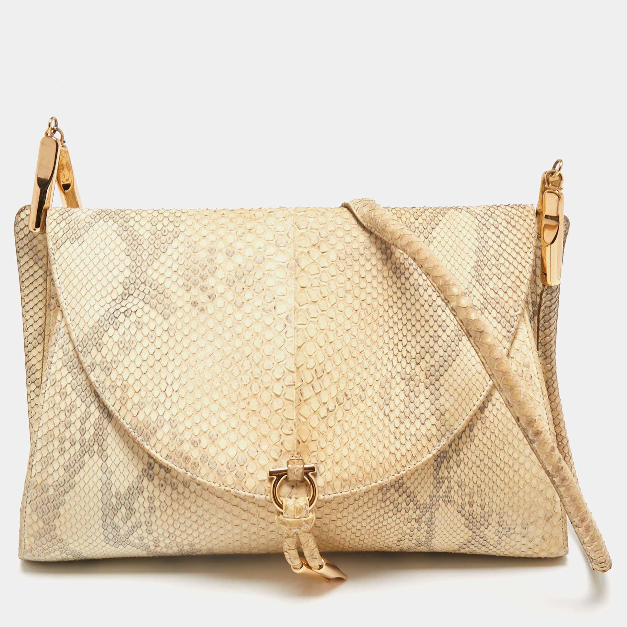 Salvatore Ferragamo Grey/Off White Python Gancini Flap Shoulder Bag