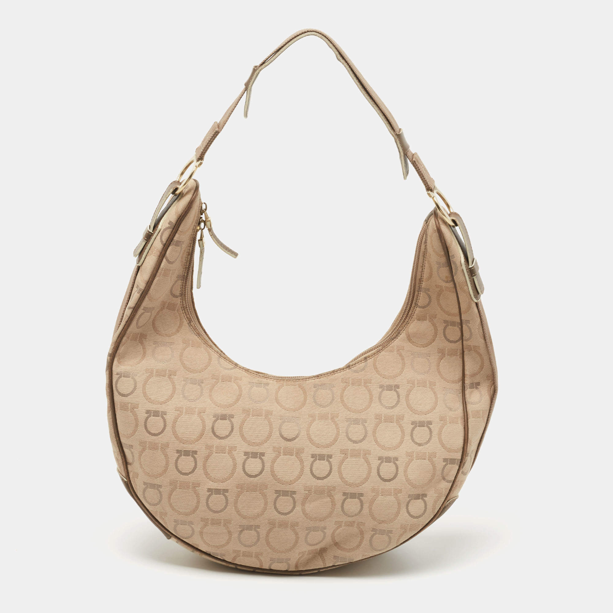 Pre Owned Salvatore Ferragamo Beige/Brown Gancini Print Canvas and Leather Hobo