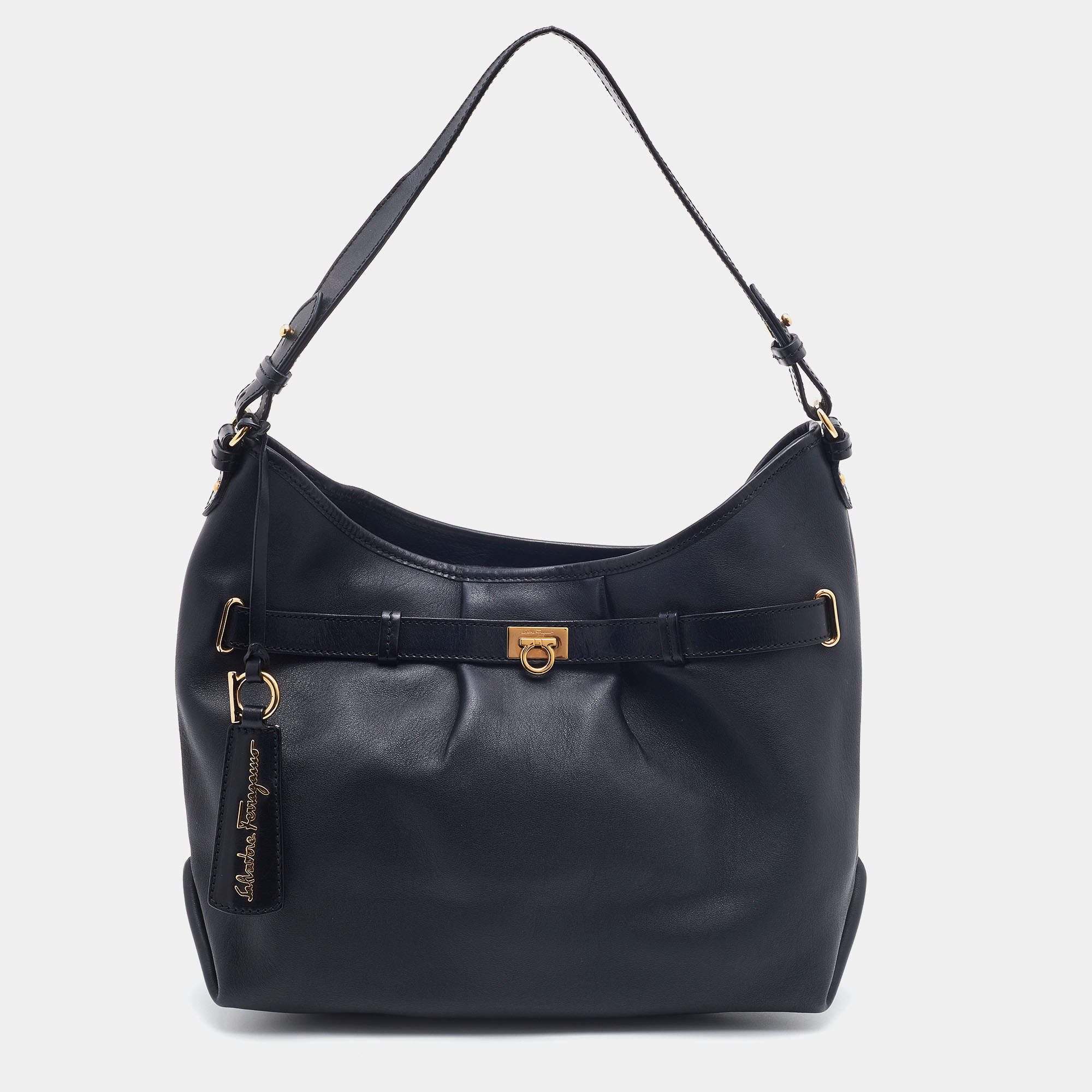 Pre Owned Salvatore Ferragamo Black Leather Gancini Belt Hobo