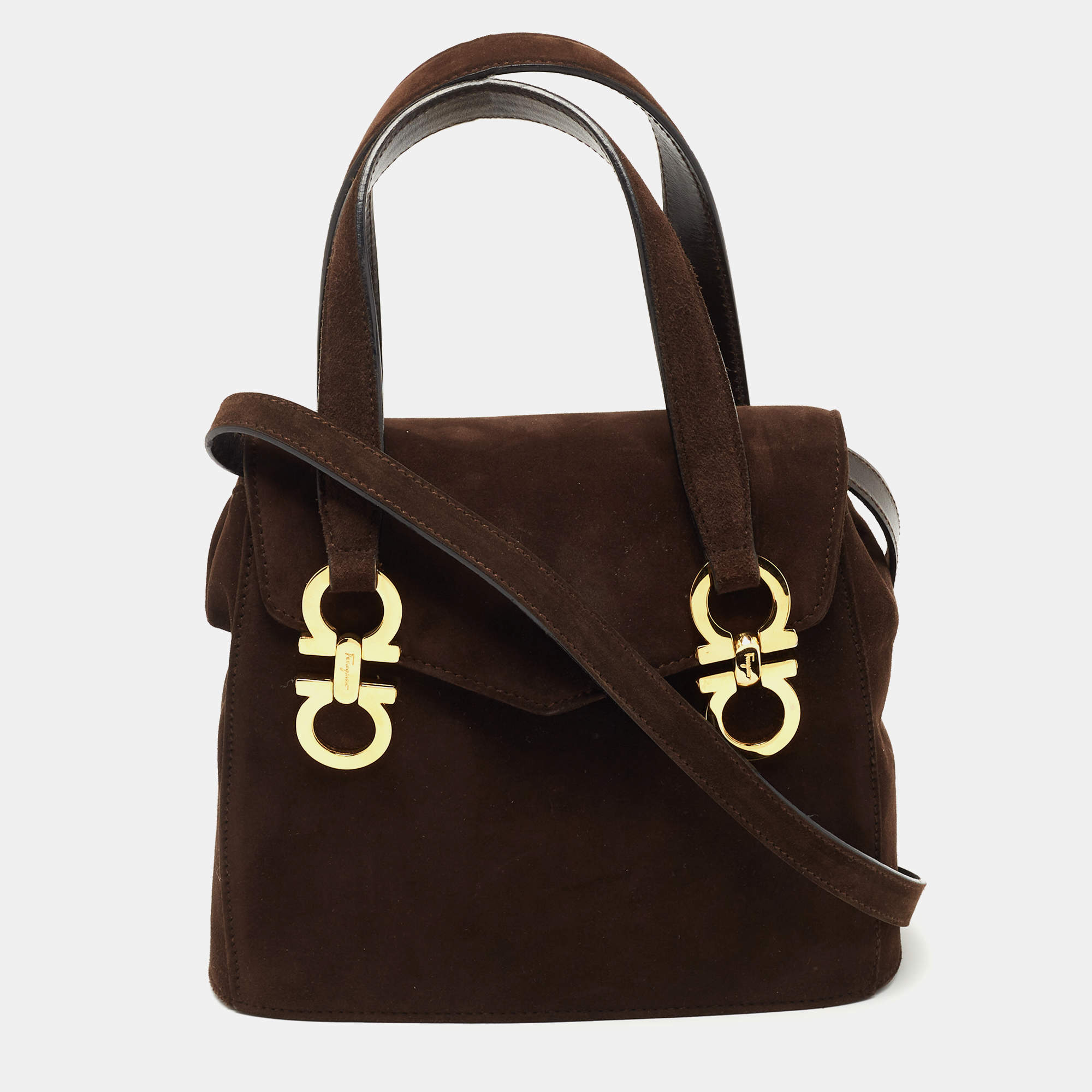 Pre Owned Salvatore Ferragamo Dark Brown Suede Gancini Satchel