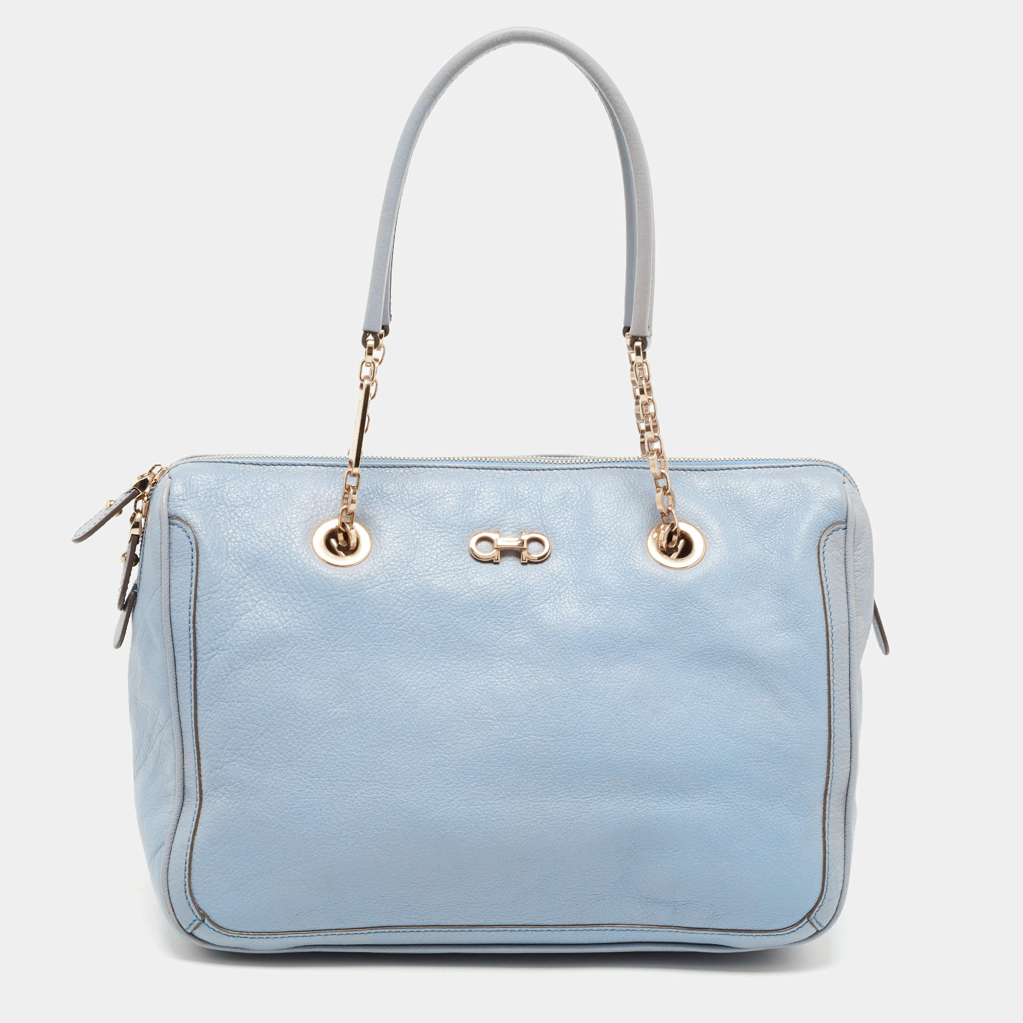 Pre Owned Salvatore Ferragamo Light Blue Leather Gancini Satchel