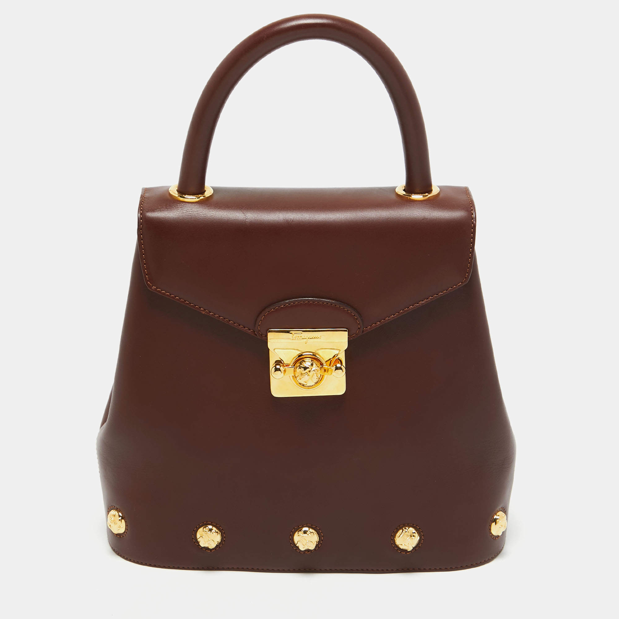 Pre Owned Salvatore Ferragamo Burgundy Leather Studded Top Handle Bag