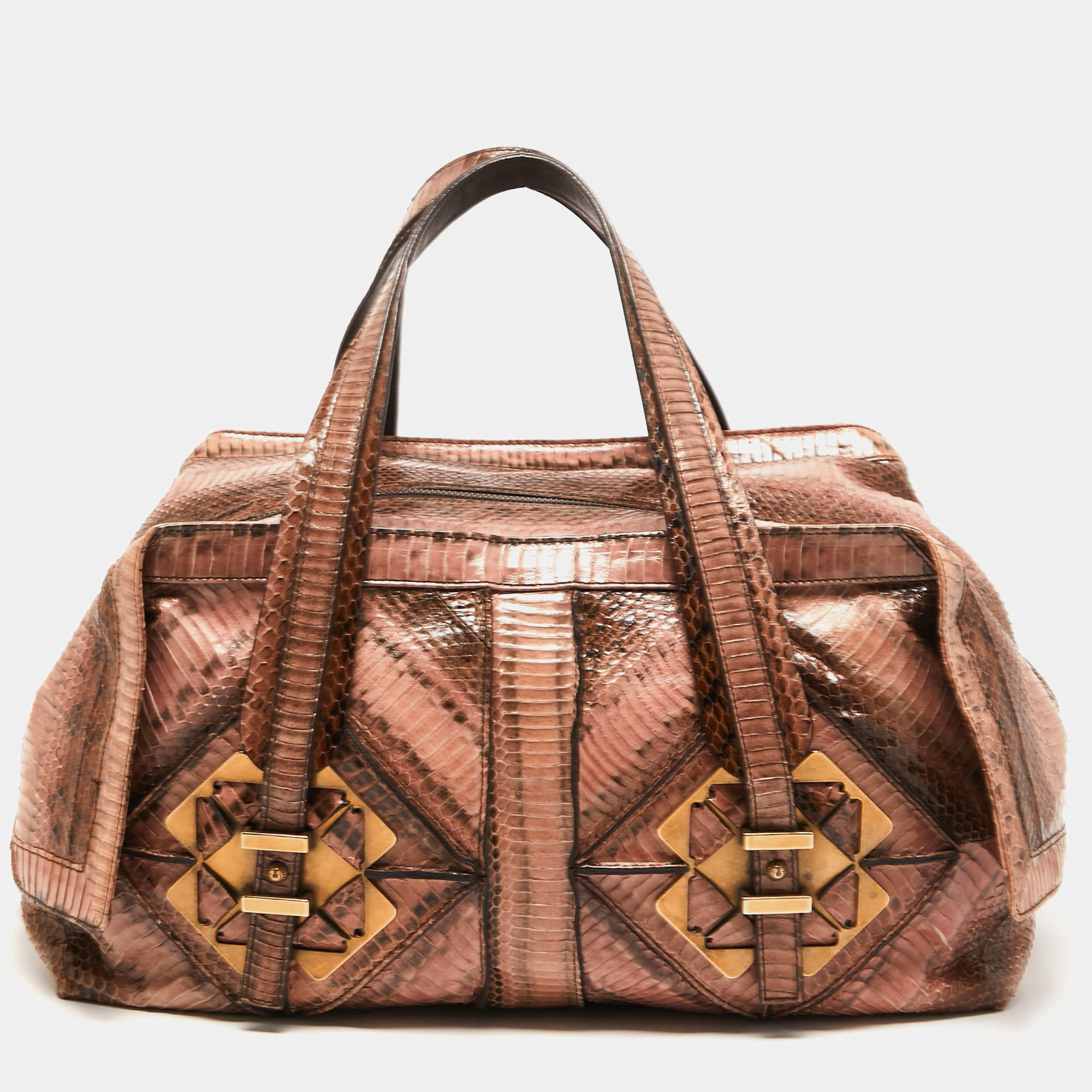 Salvatore Ferragamo Brown/Beige Water Snakeskin Satchel  