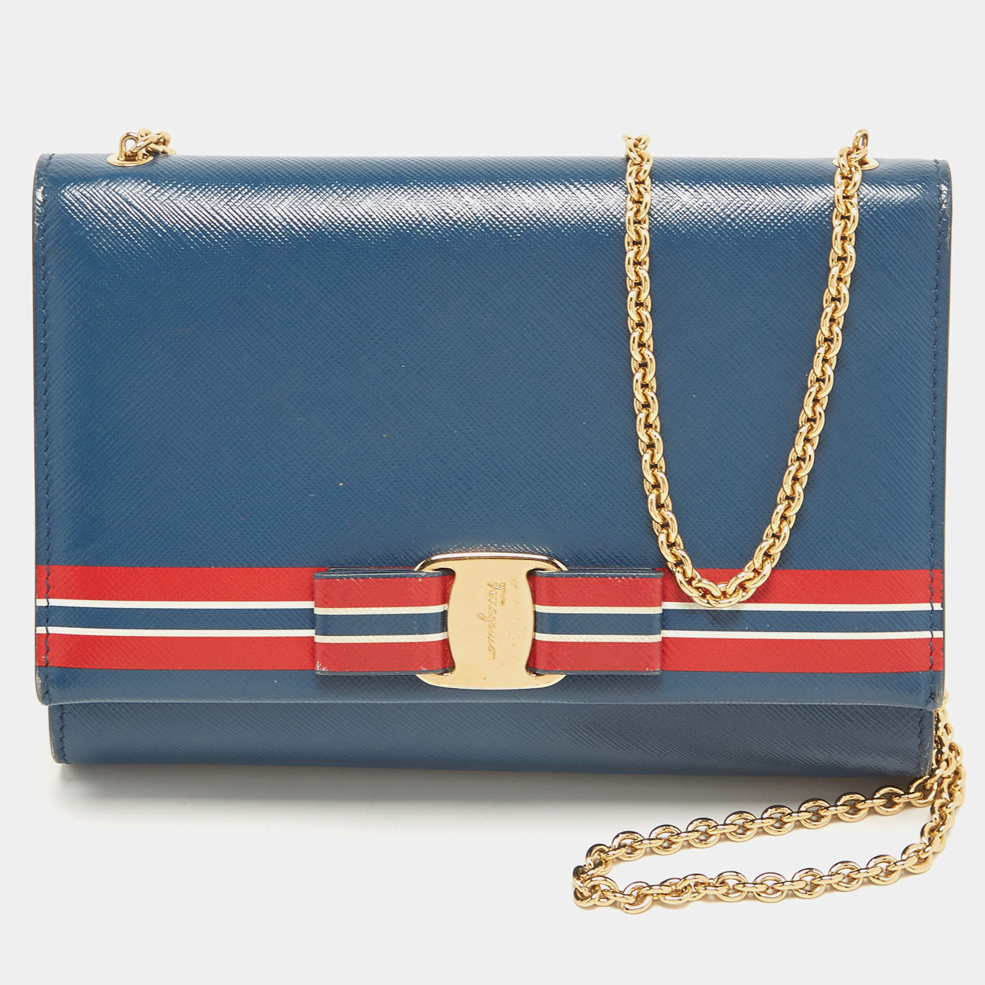 Pre Owned Salvatore Ferragamo Blue Leather Striped Vara Bow Chain Bag