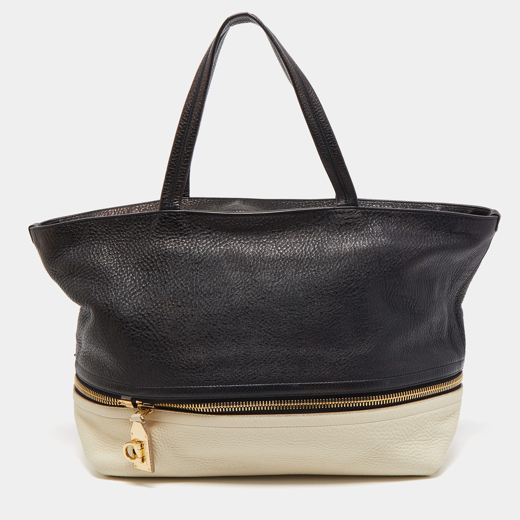 Salvatore Ferragamo Black/White Grain Leather Tara Expandable Tote