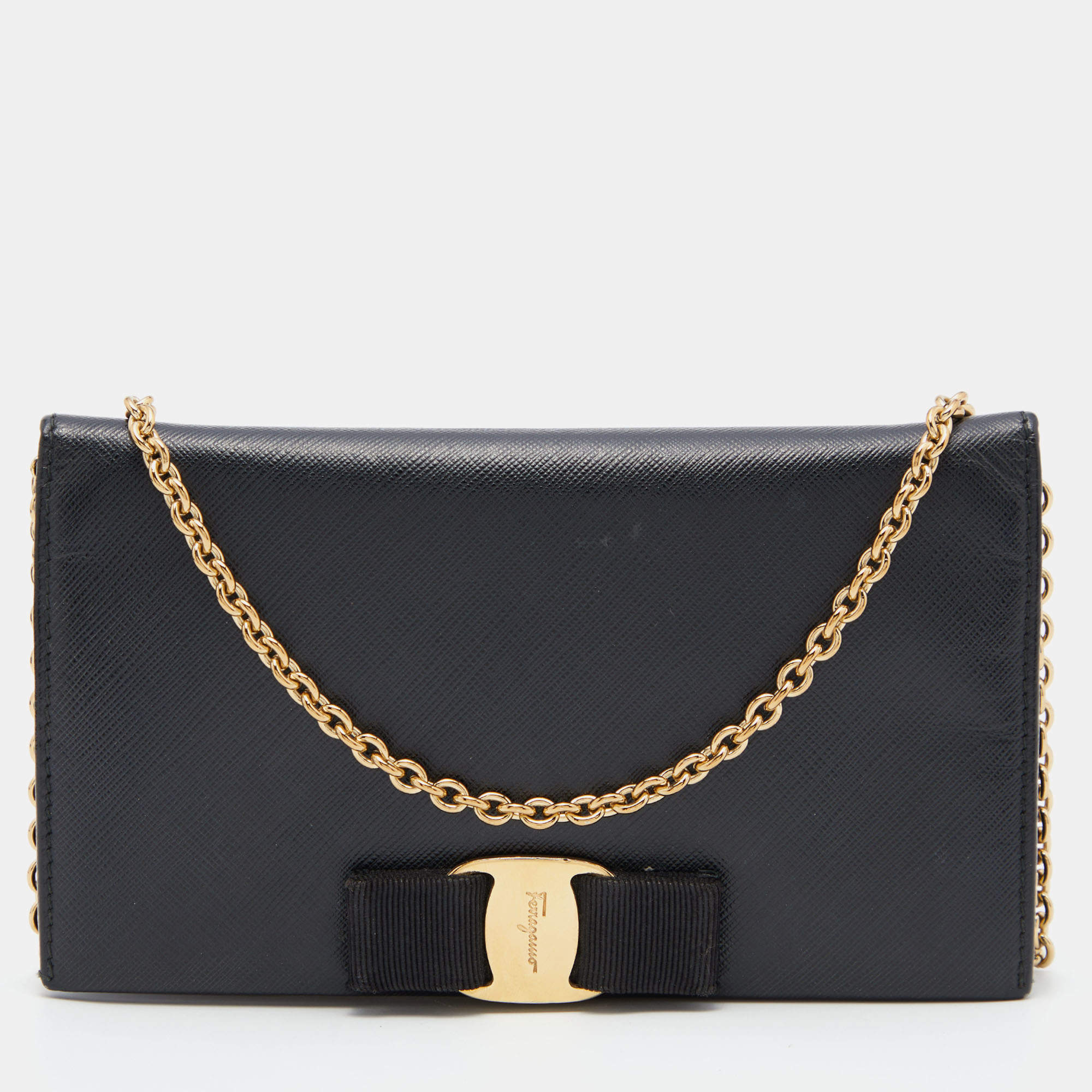 Salvatore Ferragamo Black Leather Vara Bow Wallet on Chain