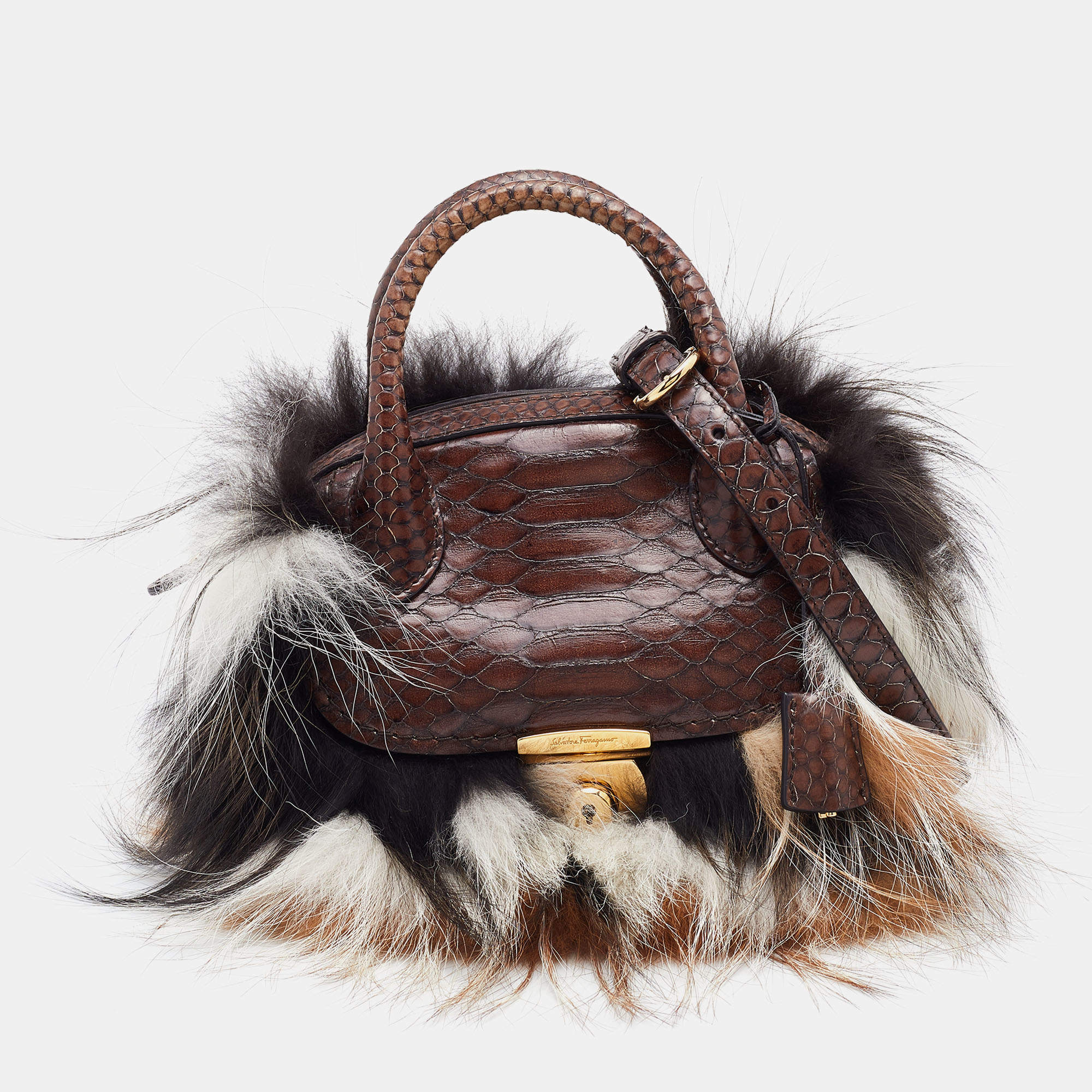 Salvatore Ferragamo Brown Beige Python and Fox Fur Fiamma Satchel