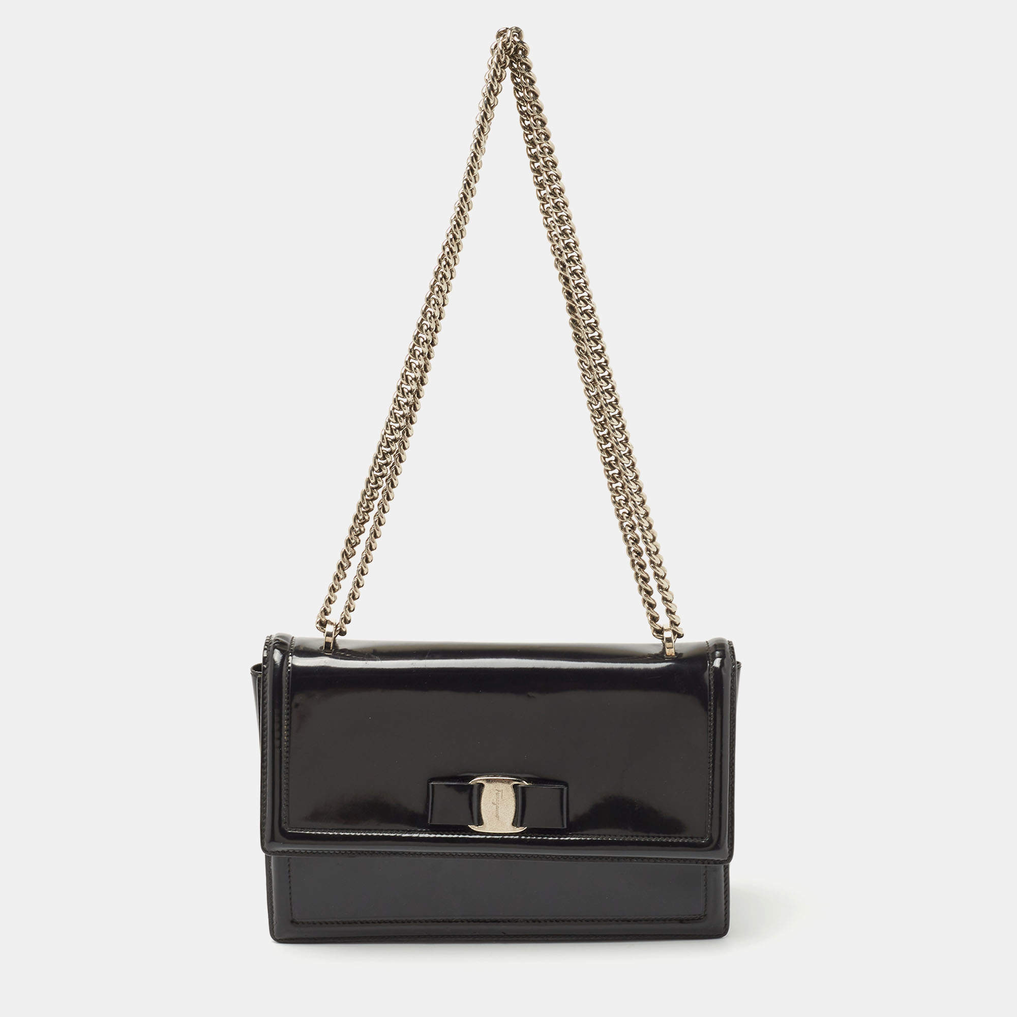 Salvatore Ferragamo Black Patent Leather Ginny Shoulder Bag Salvatore