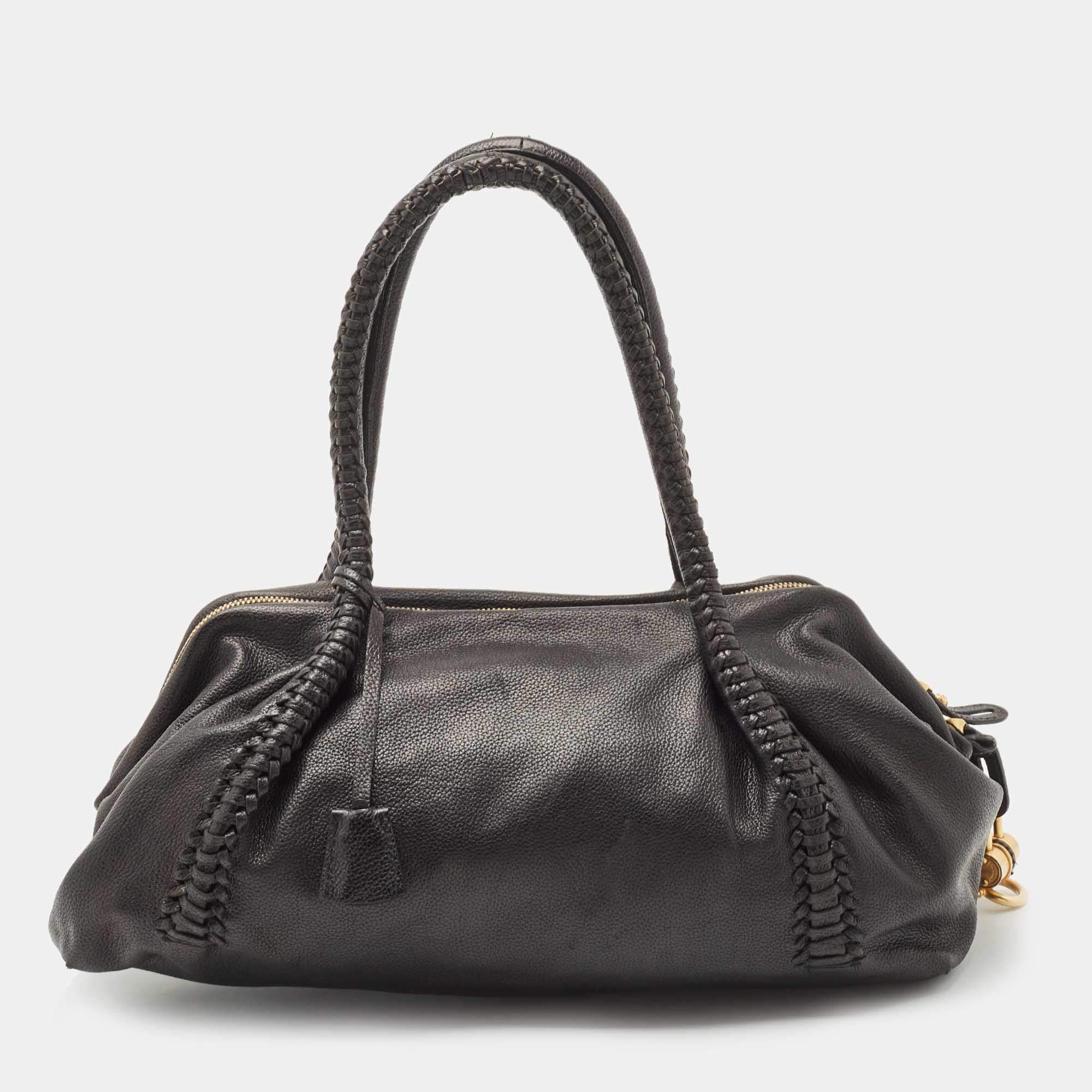 Pre Owned Salvatore Ferragamo Black Leather Braided Satchel