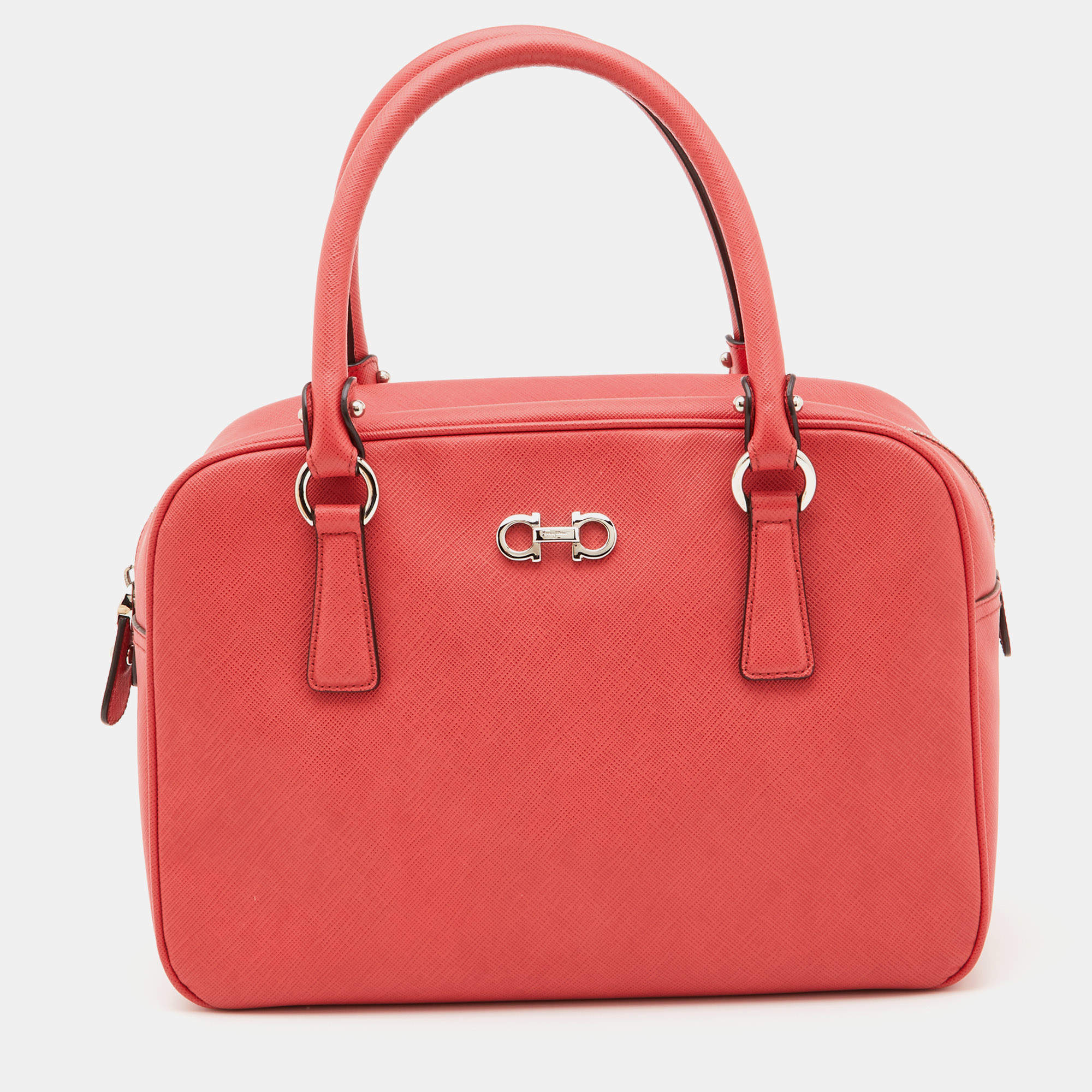 Pre Owned Salvatore Ferragamo Coral Orange Leather Gancio Bowler Bag