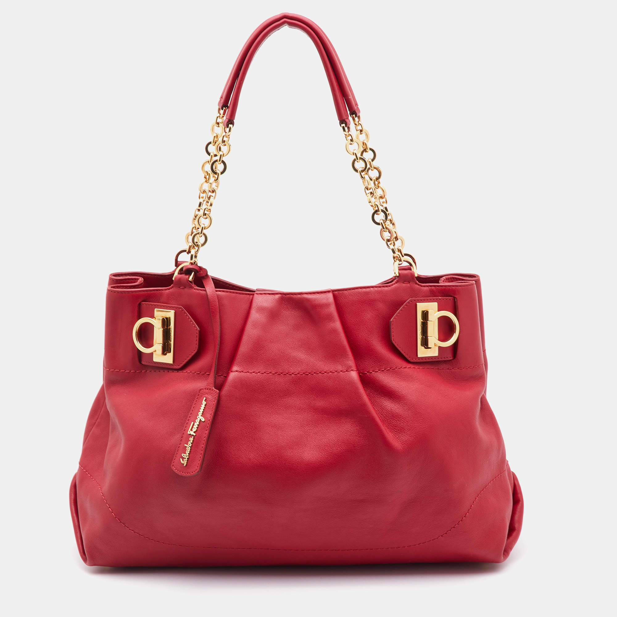 Pre Owned Salvatore Ferragamo Red Leather Gancini Chain Tote