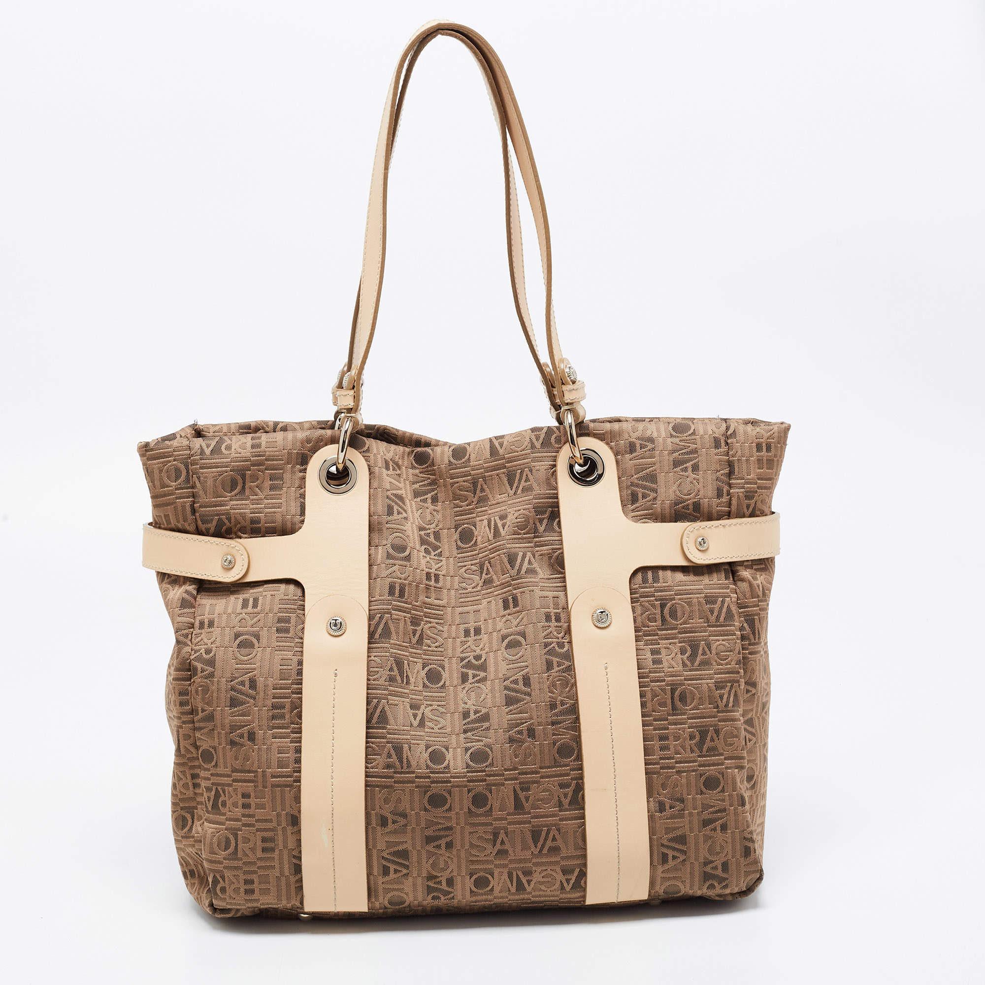 Salvatore Ferragamo Brown/Beige Jacquard Fabric and Leather Tote ...