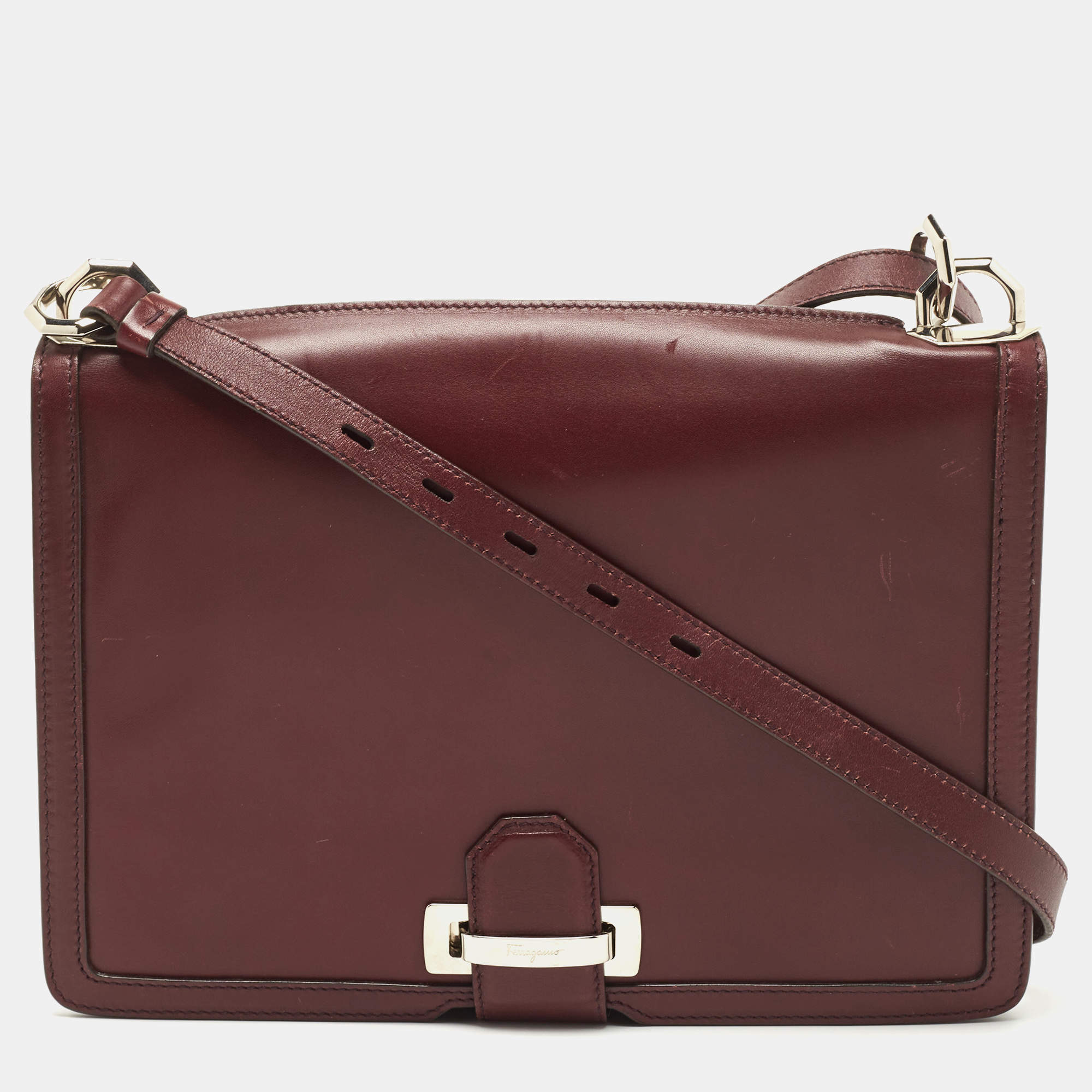 Pre Owned Salvatore Ferragamo Purple Leather Flap Crossbody Bag