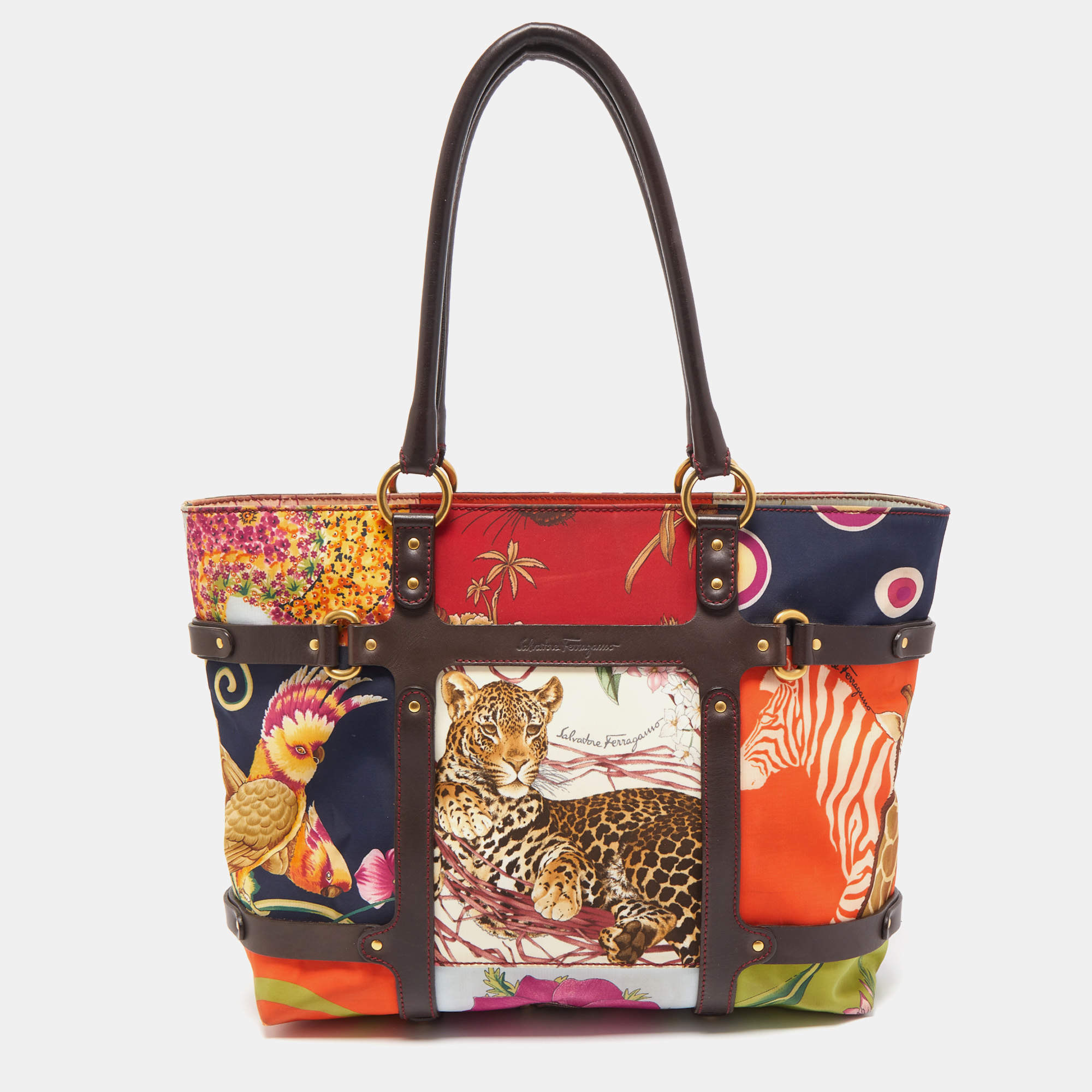 Pre Owned Salvatore Ferragamo Multicolor Fiera Print Nylon and Leather Tote