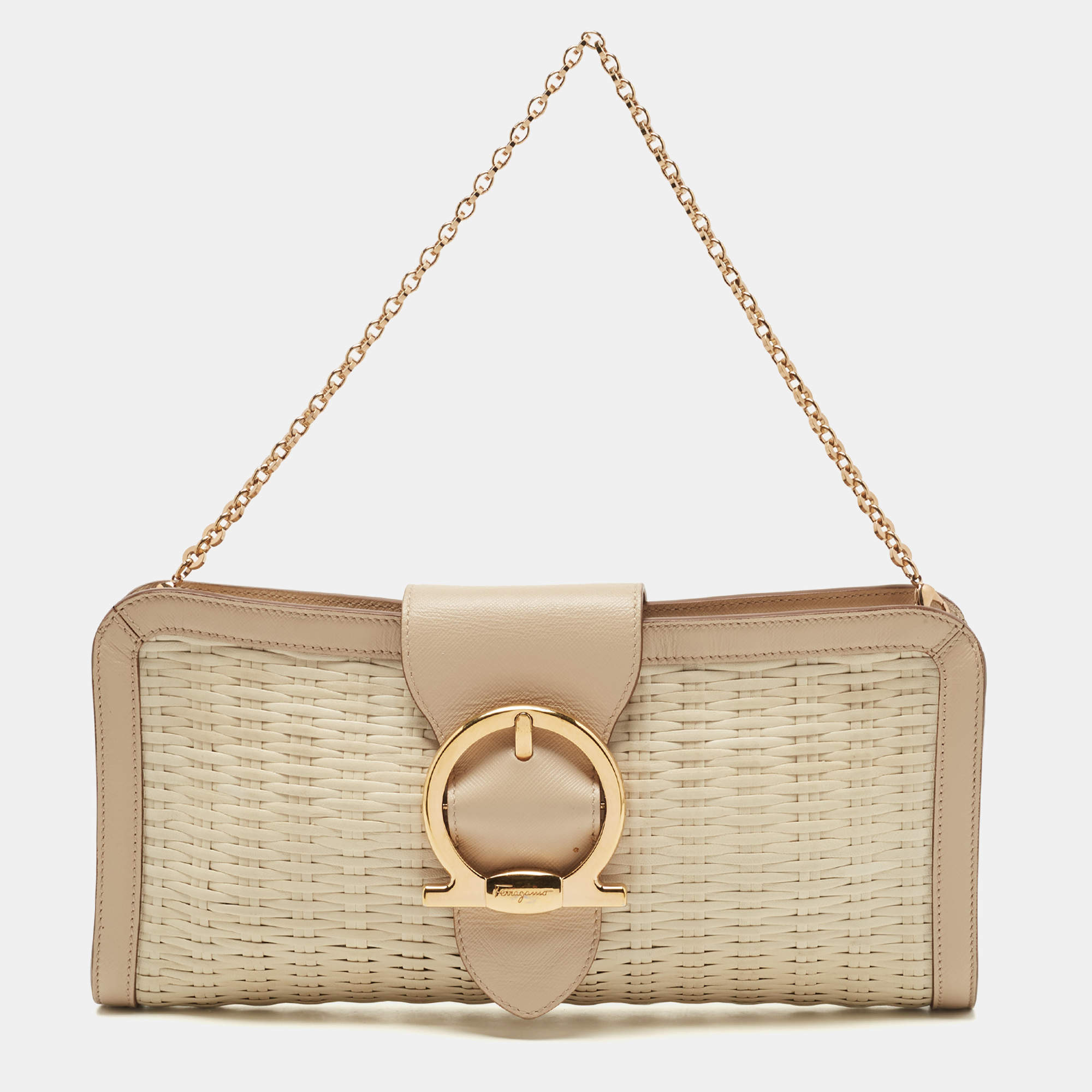 Pre Owned Salvatore Ferragamo Beige/Off White Woven Leather Gancini Chain Clutch