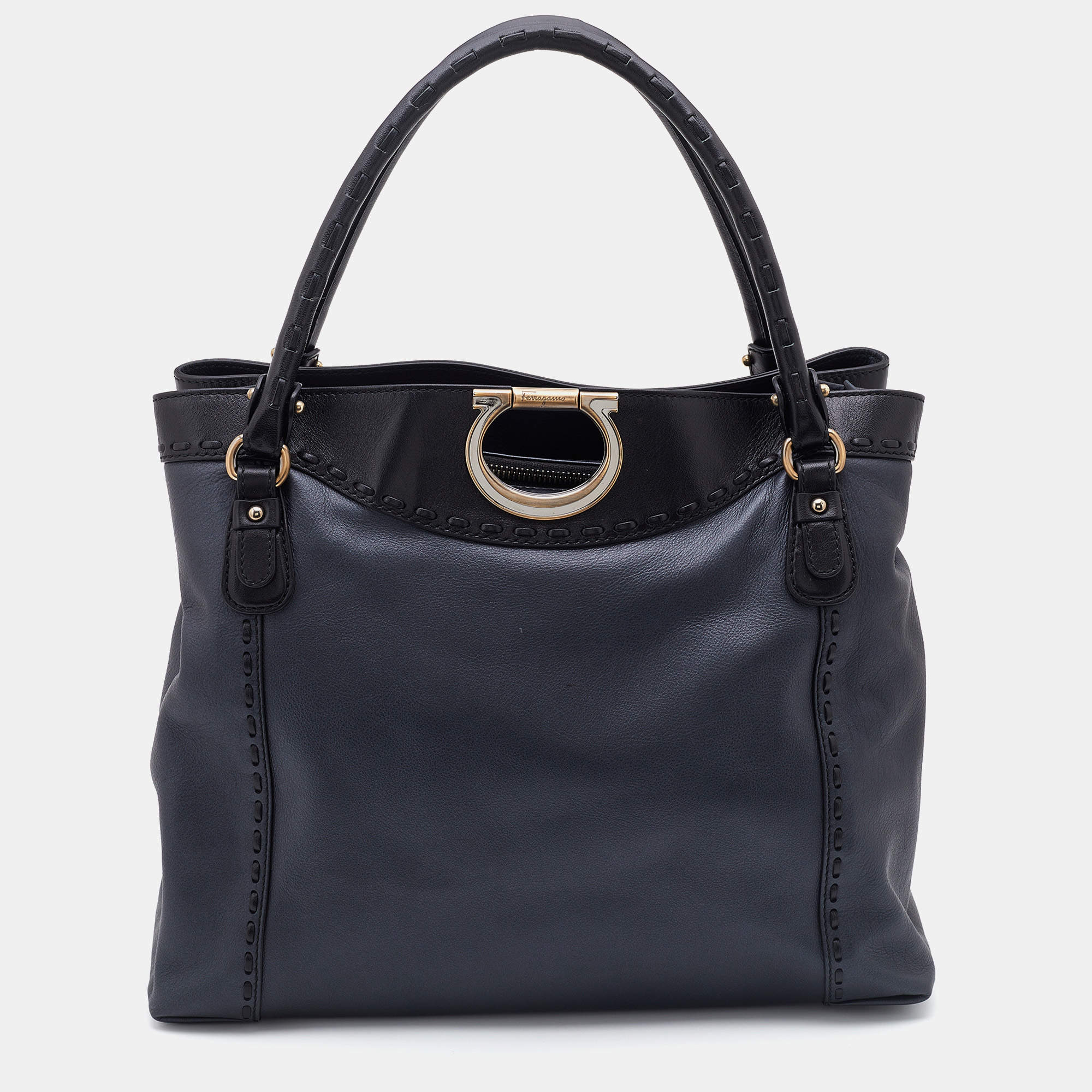 Pre Owned Salvatore Ferragamo Black Leather Whipstitch Gancini Tote