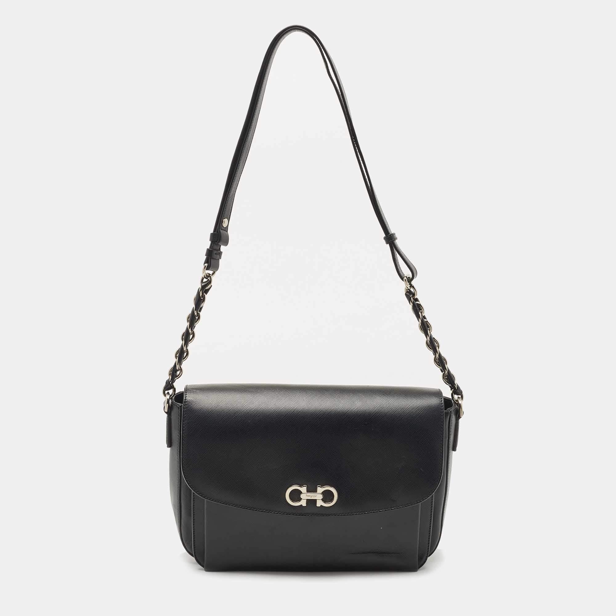Salvatore Ferragamo Black Leather Gancini Flap Shoulder Bag