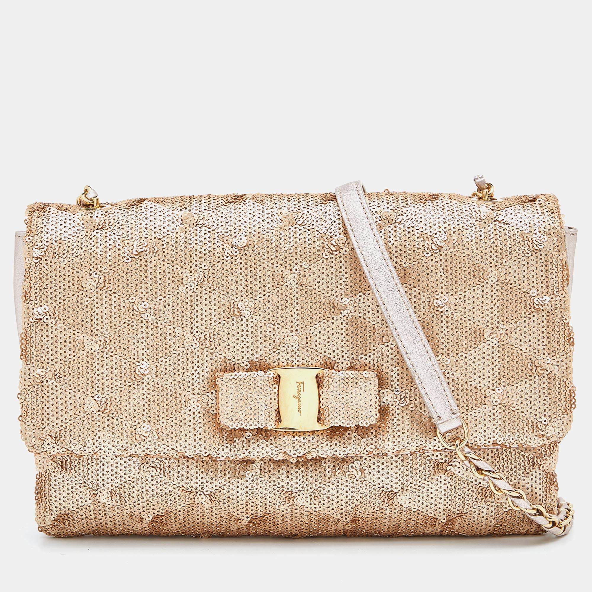 Pre Owned Salvatore Ferragamo Gold Sequin and Leather Vara Bow Shoulder Bag