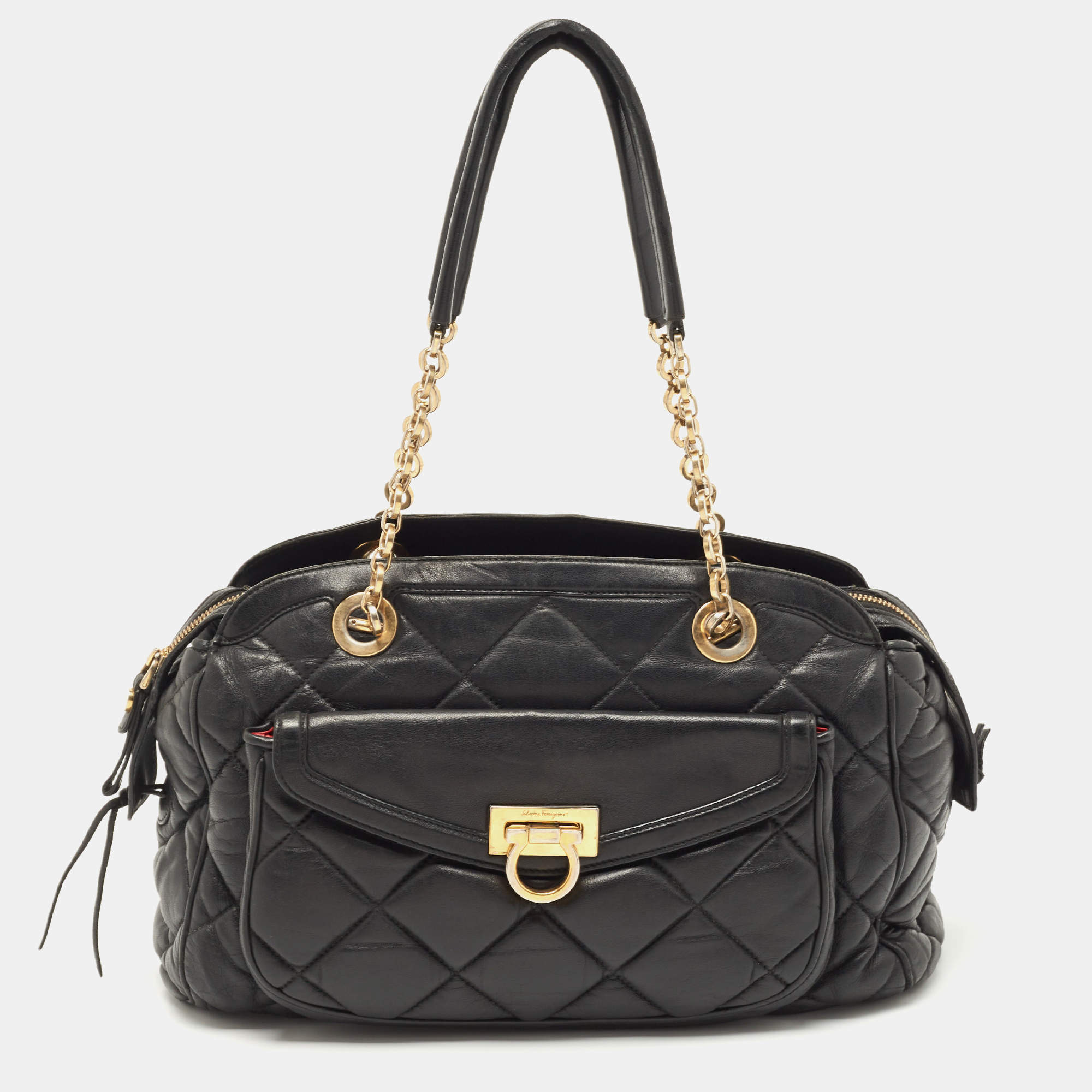 Pre Owned Salvatore Ferragamo Black Quilted Leather Bowler Bag