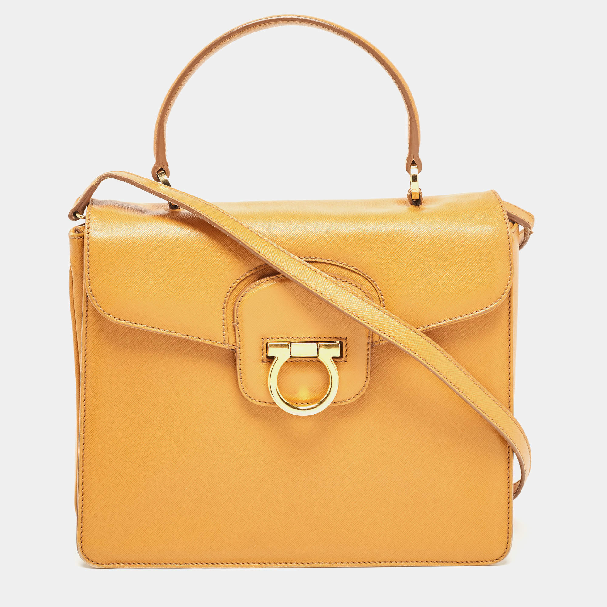 Salvatore Ferragamo Mustard Leather Kelly Top Handle Bag