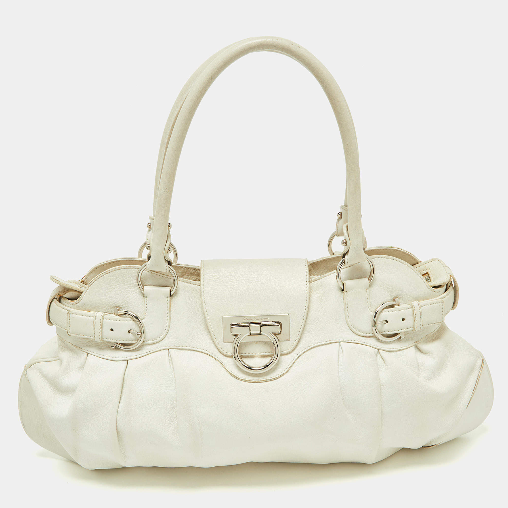 Pre Owned Salvatore Ferragamo White Leather Marisa Hobo