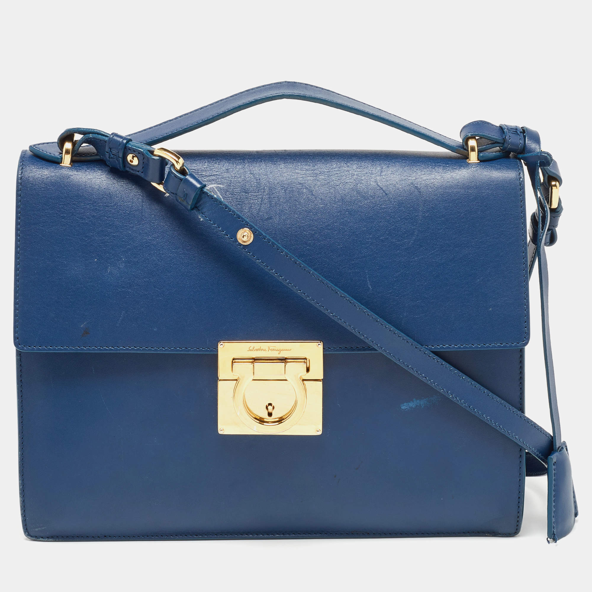 Pre Owned Salvatore Ferragamo Navy Blue Leather Gancio Lock Shoulder Bag