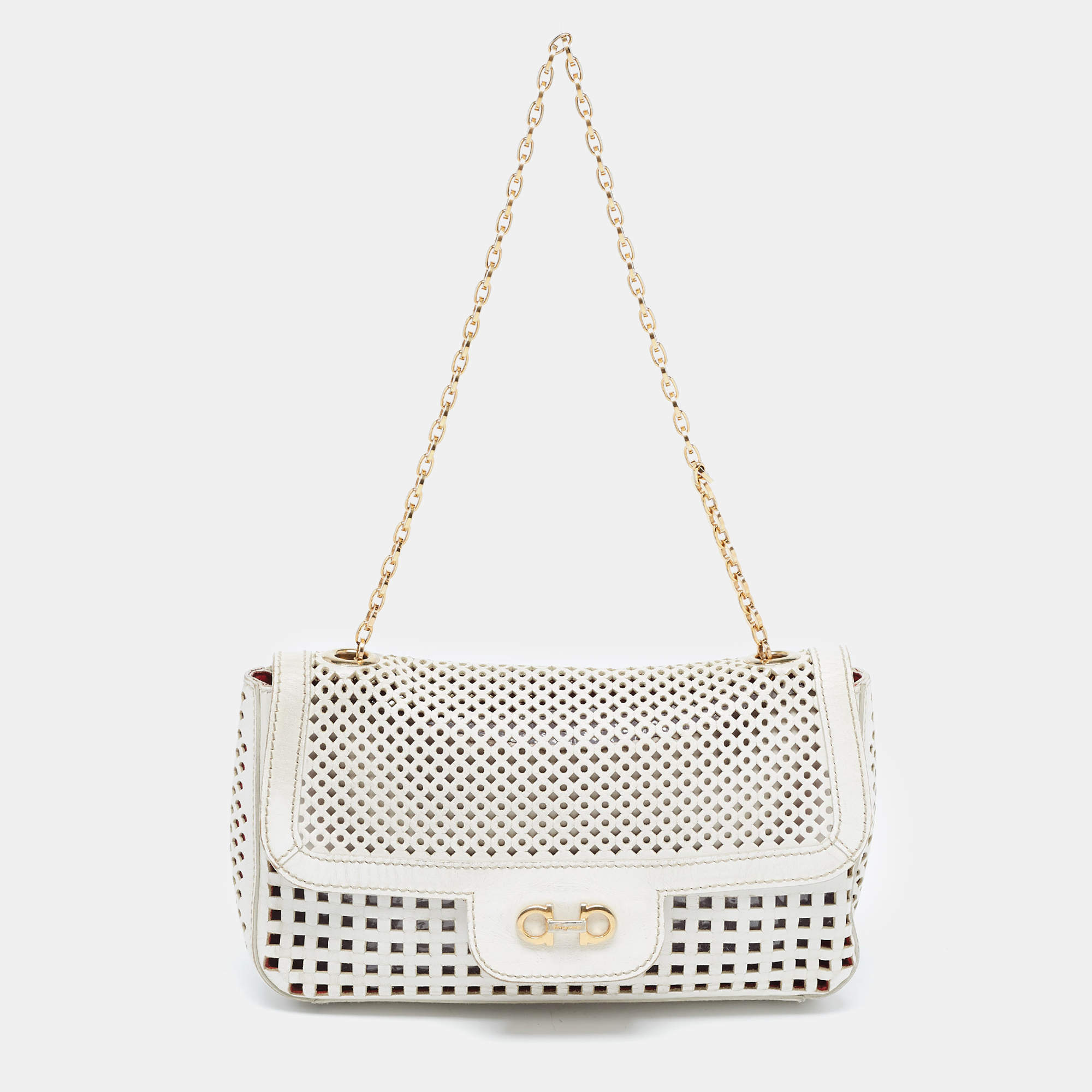 Pre Owned Salvatore Ferragamo Off White Leather Perforated Shoulder bag