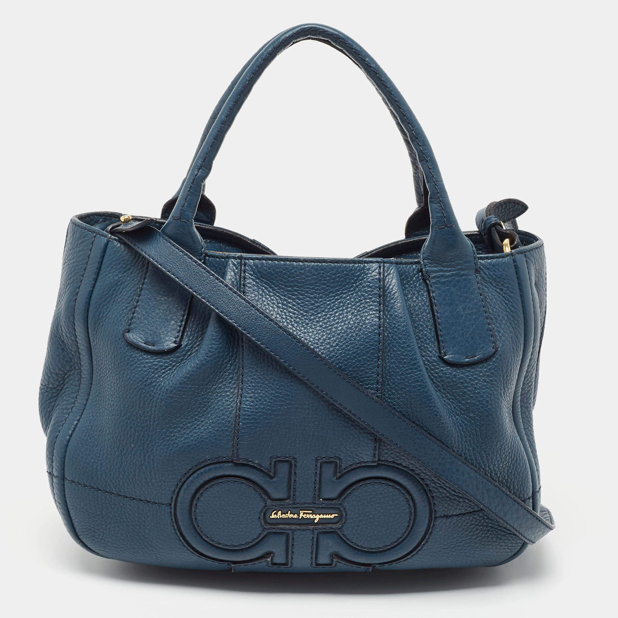 Pre Owned Salvatore Ferragamo Teal Blue Leather Gancini Tote