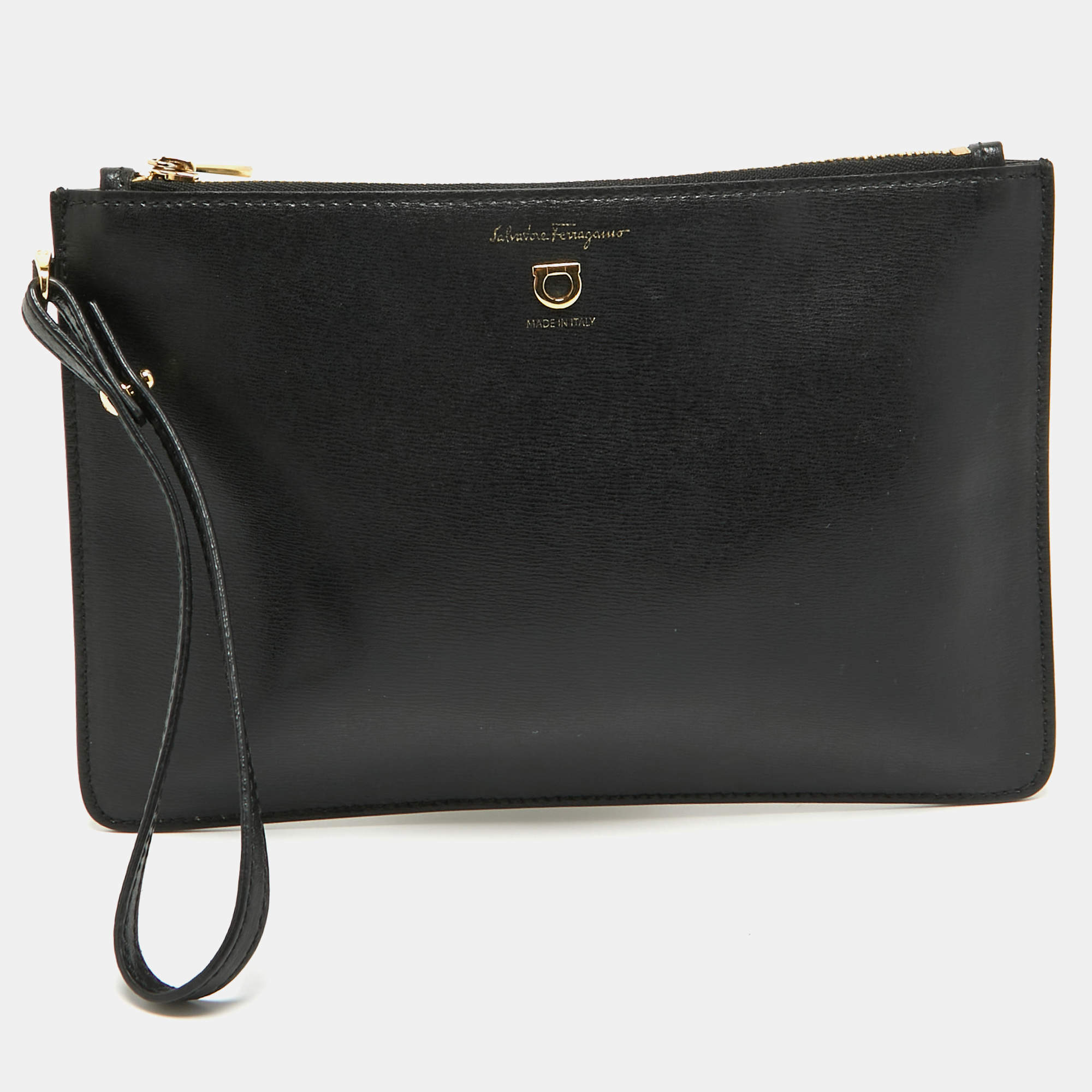 Pre Owned Salvatore Ferragamo Black  Leather Zip Wristlet Pouch