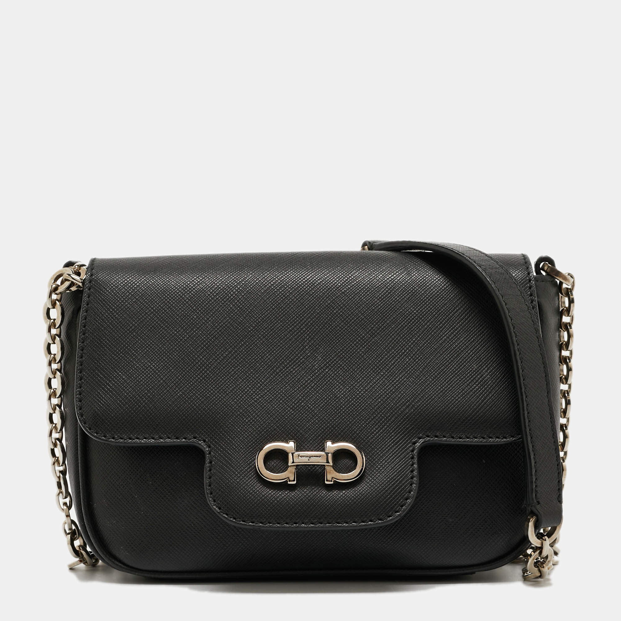 Pre Owned Salvatore Ferragamo Black Leather Gancini Icona Vit Paris Crossbody Bag