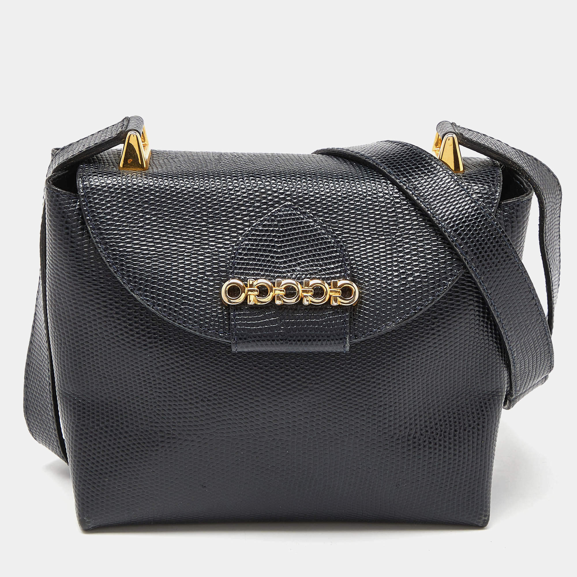 Pre Owned Salvatore Ferragamo Navy Blue Lizard Embossed Leather Gancini Flap Crossbody Bag