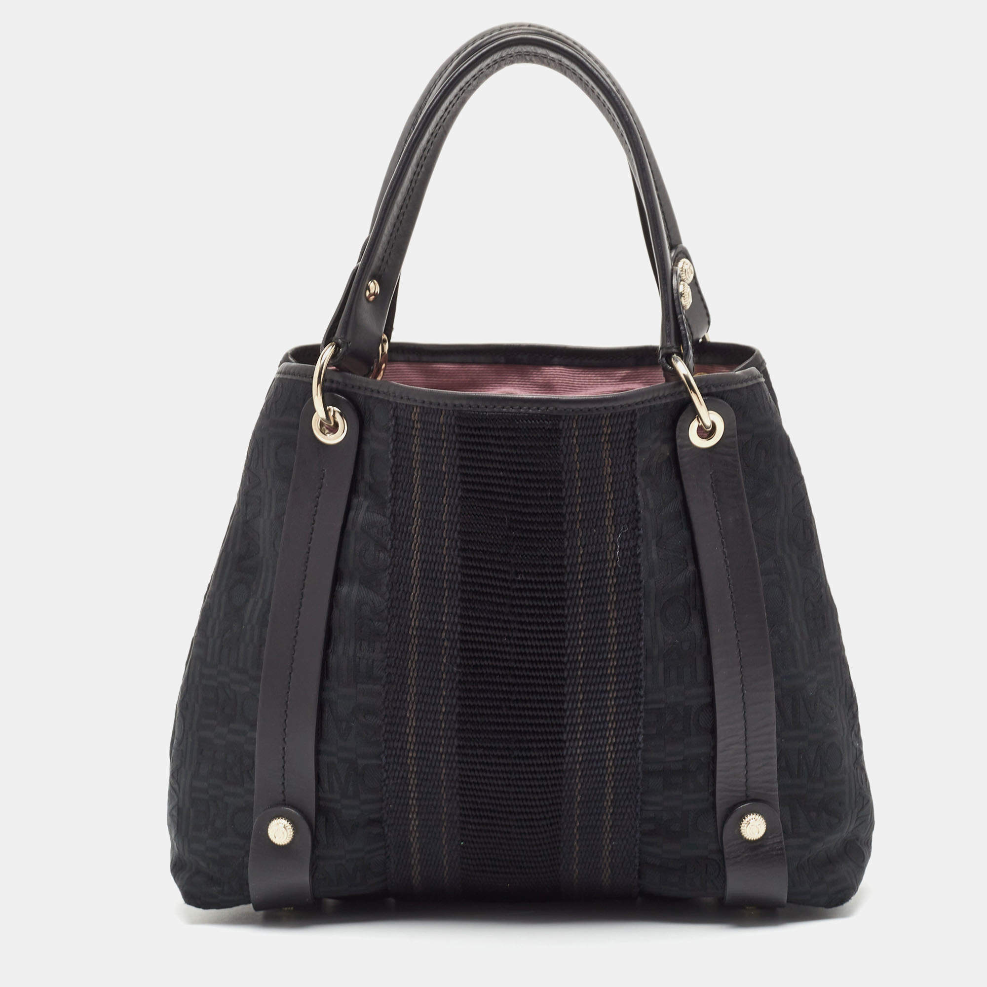 Pre Owned Salvatore Ferragamo Black Fabric and Leather Stripe Tote