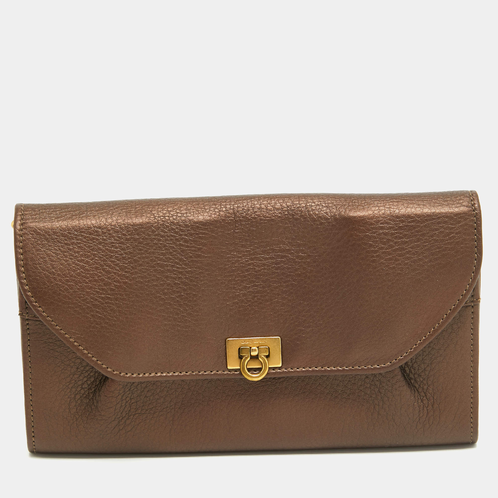 Salvatore Ferragamo Metallic Brown Leather Gancini Clasp Continental Wallet