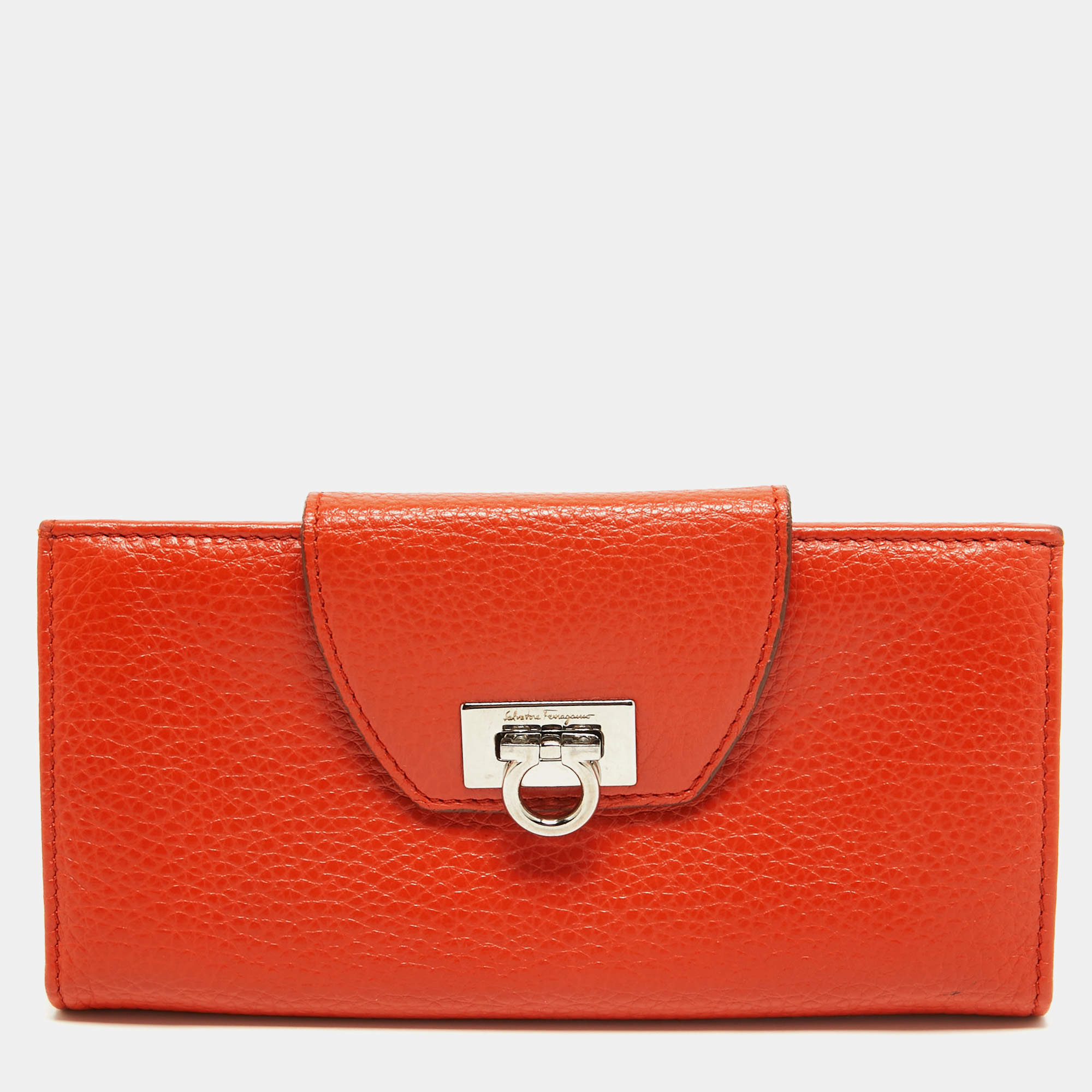 Salvatore Ferragamo Orange Leather Gancini Clasp Flap Wallet