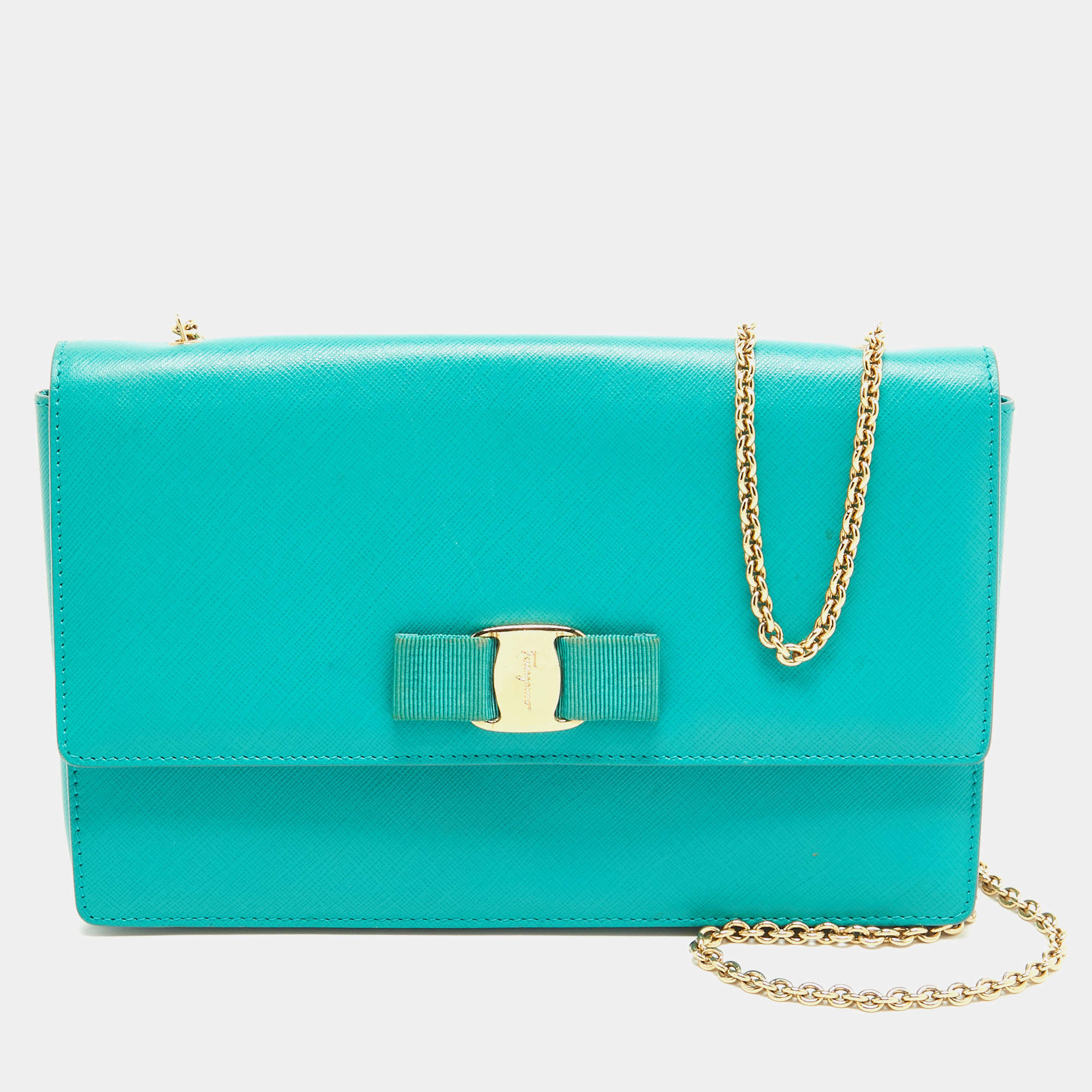 Pre Owned Salvatore Ferragamo Green Leather Miss Vara Bow Shoulder Bag