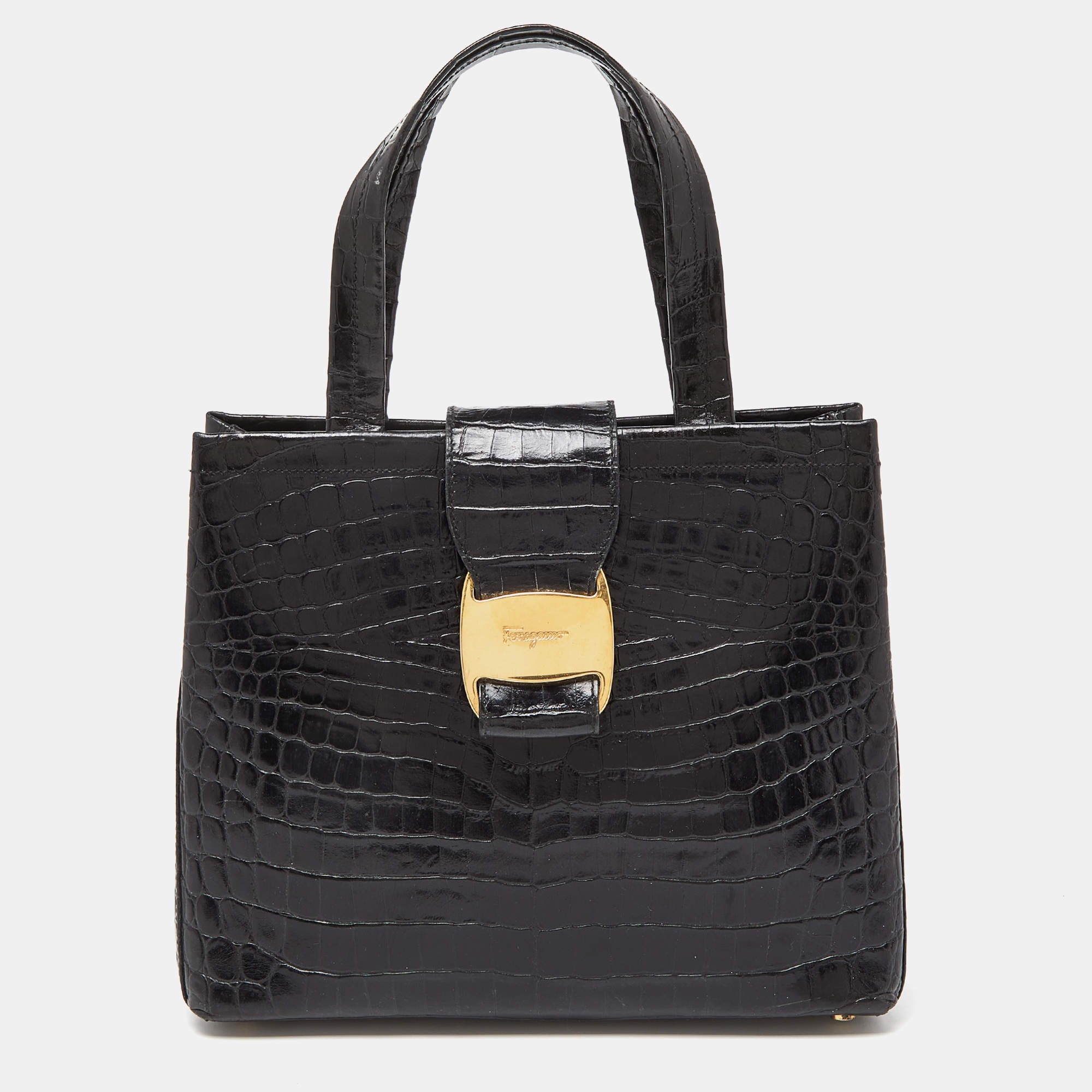 Pre Owned Salvatore Ferragamo Black Croc Embossed Leather Tote
