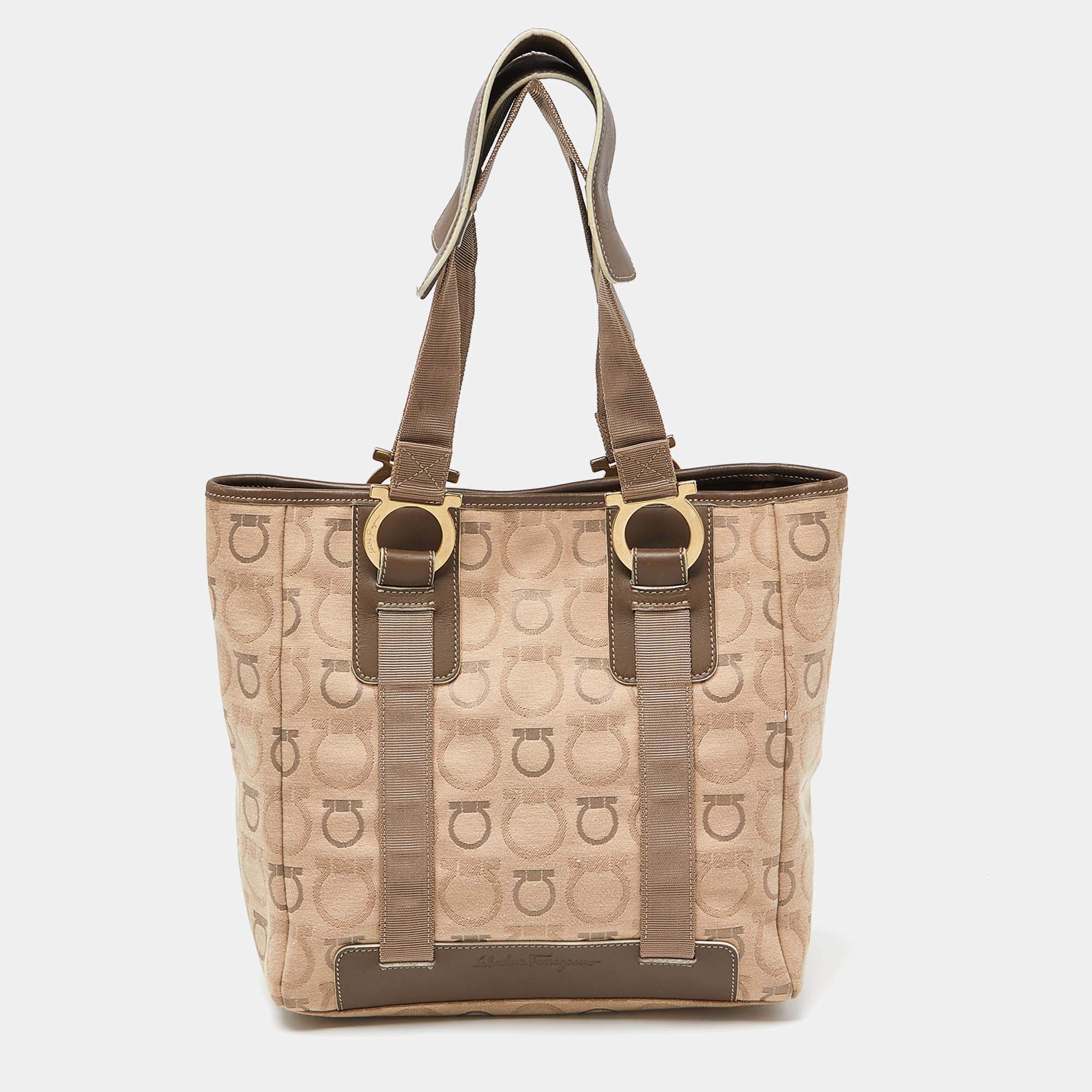Pre Owned Salvatore Ferragamo Beige Signature Canvas and Leather Tote