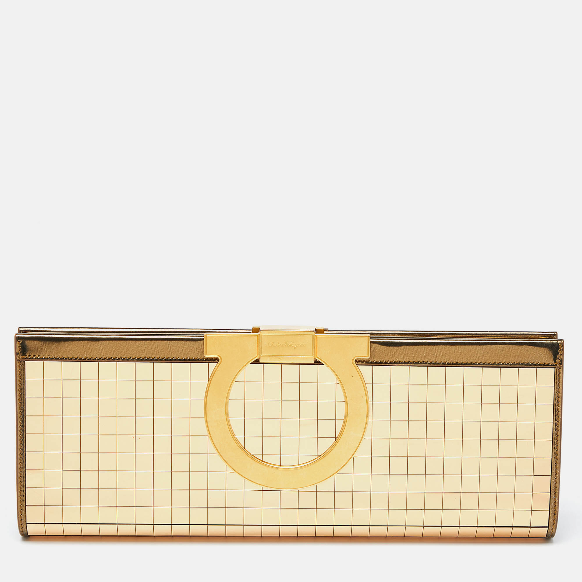 Pre Owned Salvatore Ferragamo Gold Acrylic and Leather Musa Gancini Clutch