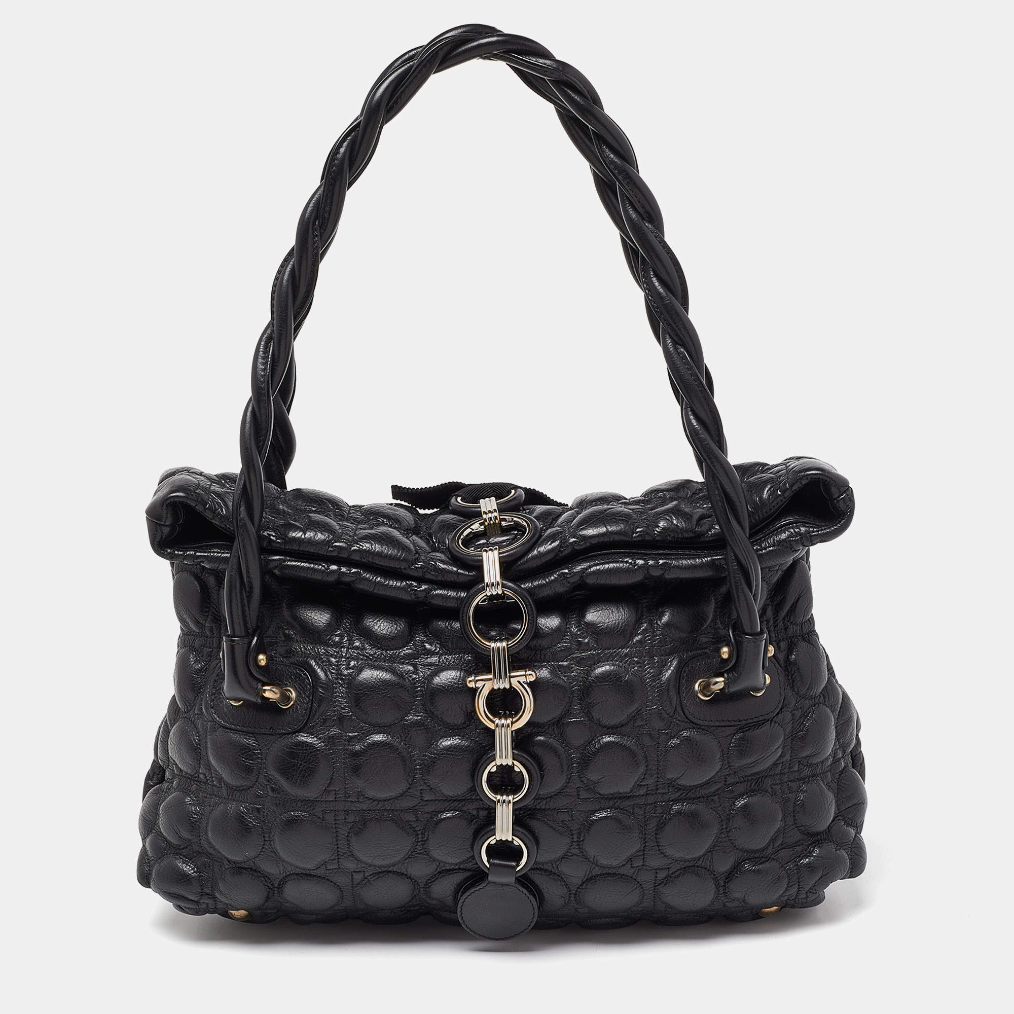 Pre Owned Salvatore Ferragamo Black Leather Fold Over Shoulder Bag
