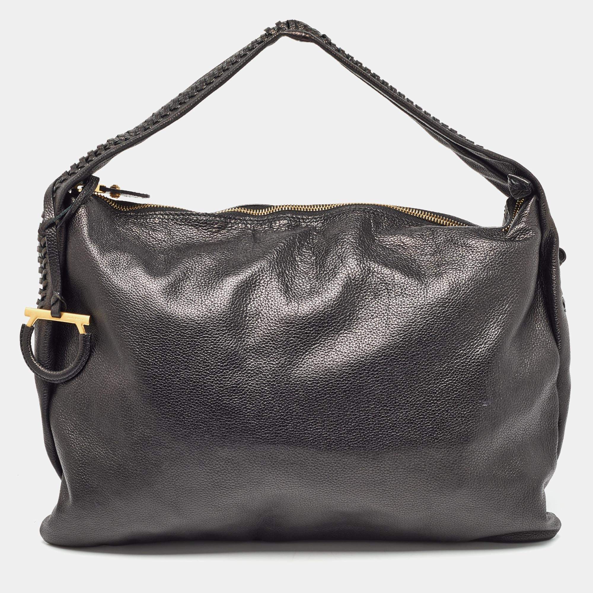 Salvatore Ferragamo Black Leather Stitch Handle Hobo