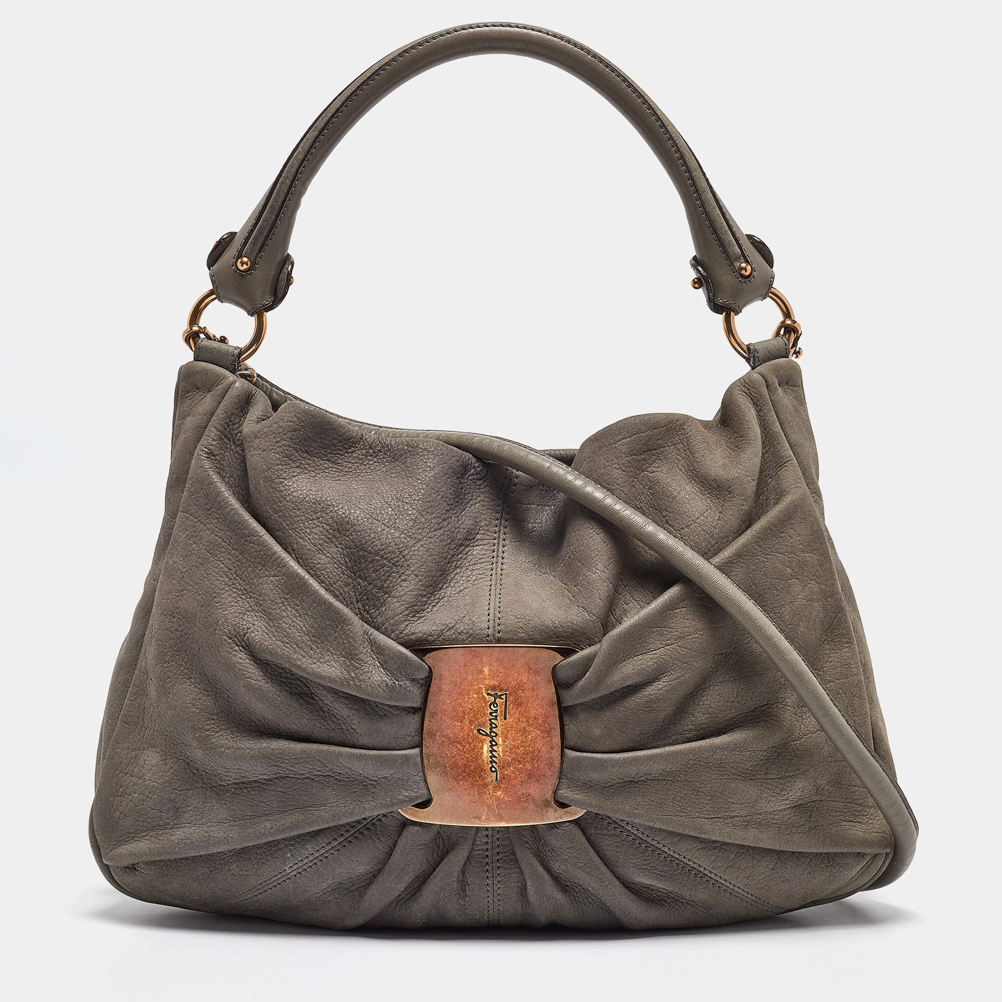 Pre Owned Salvatore Ferragamo Grey Leather Miss Vara Hobo