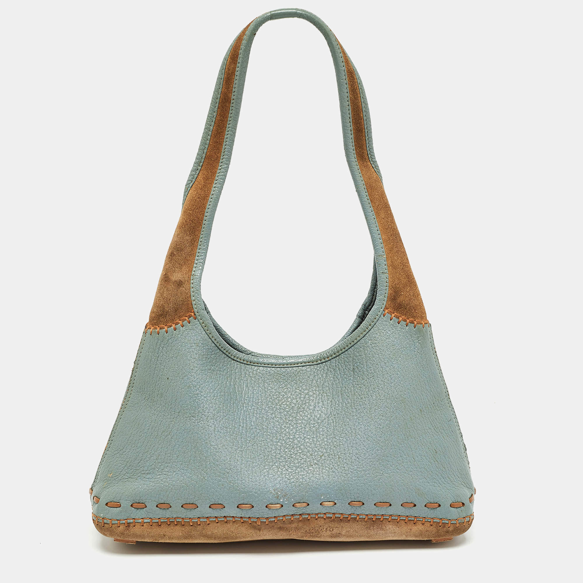 Salvatore Ferragamo Blue/Brown Leather and Suede Hobo