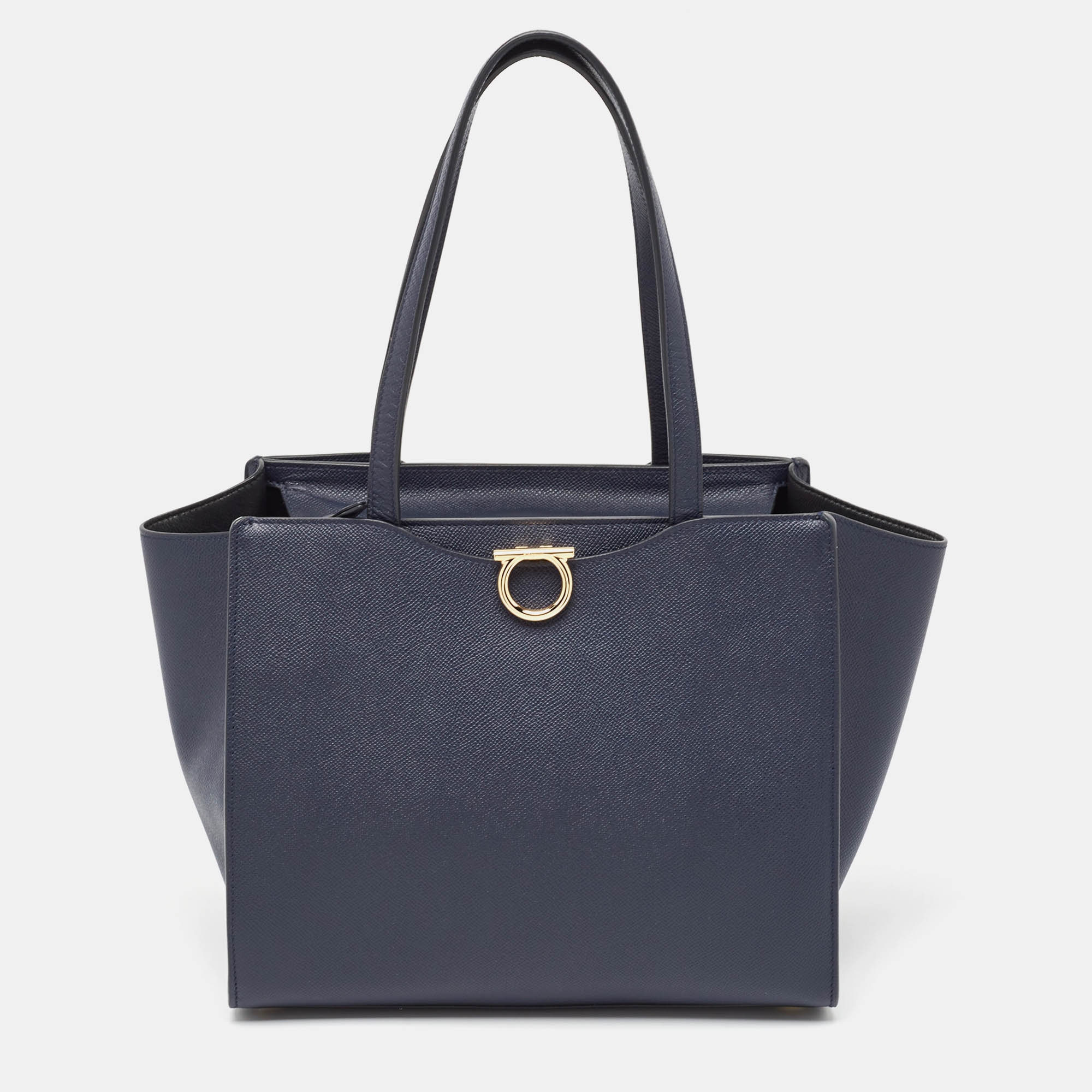 Salvatore Ferragamo Navy Blue Leather Gemini Tote