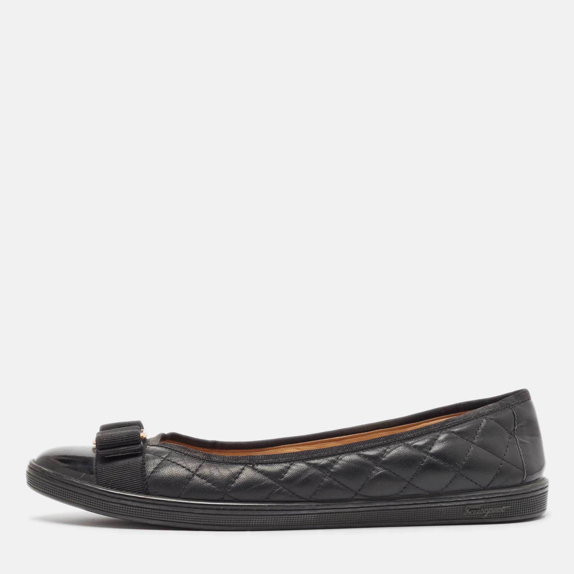 Pre Owned Salvatore Ferragamo Black Leather Varina Ballet Flats Size 39.5