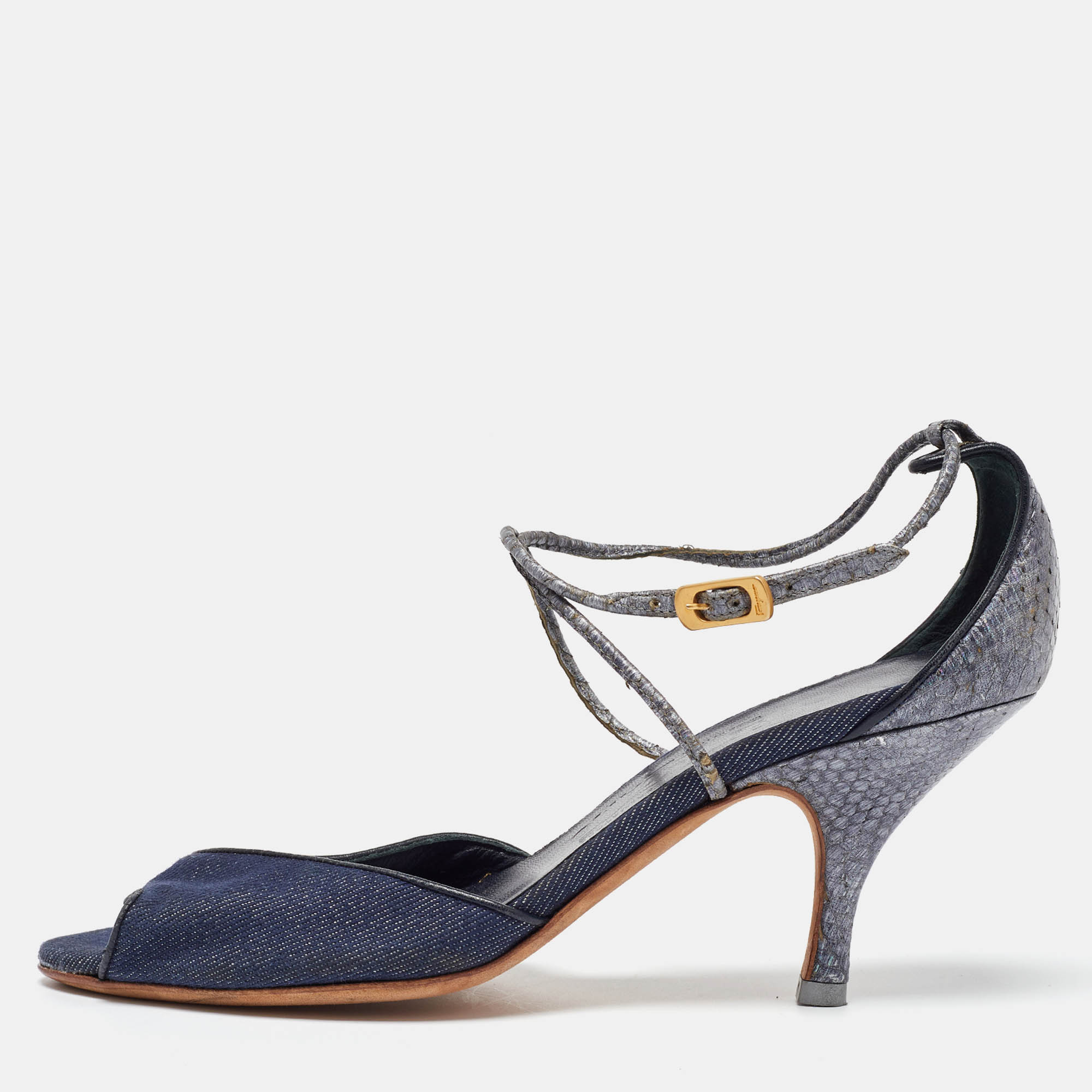 Salvatore Ferragamo Blue Denim and Snakeskin Leather Sandals Size 37.5