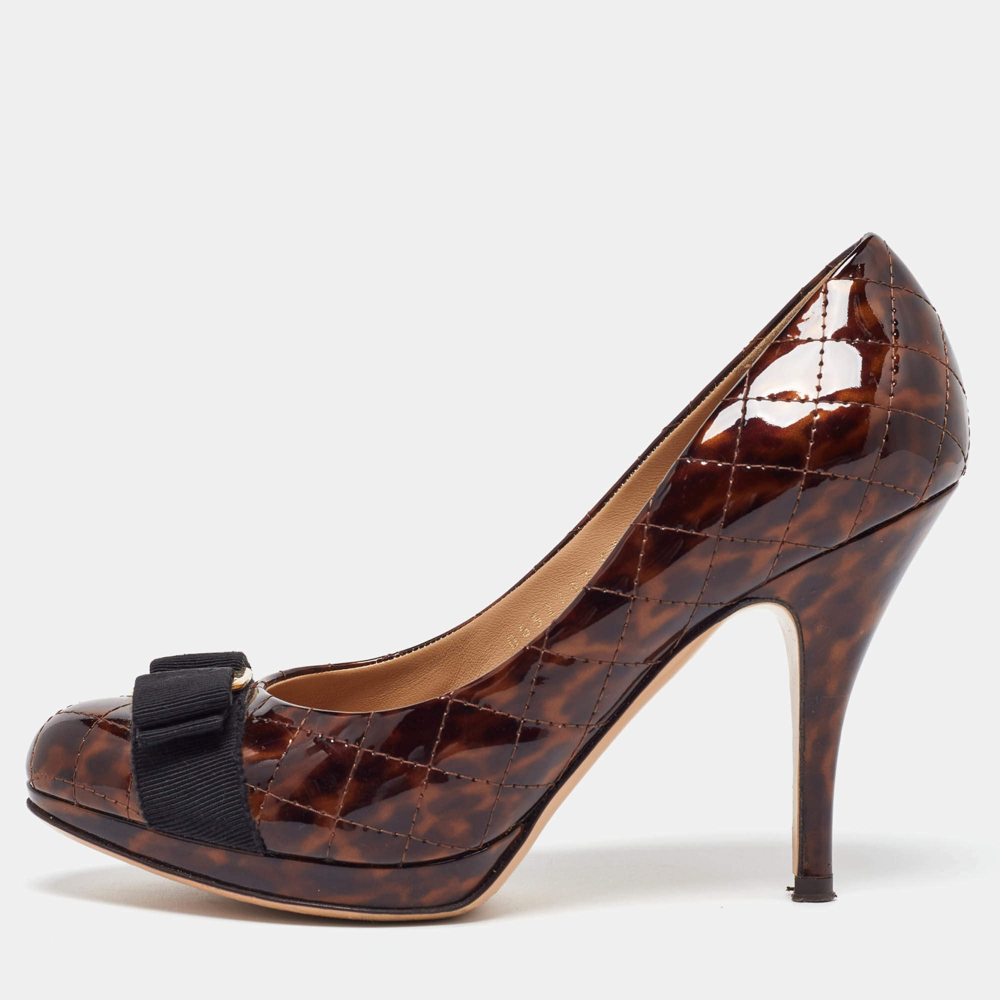 Salvatore Ferragamo Brown Quilted Patent Leather Vara Bow Platform Pumps Size 38.5