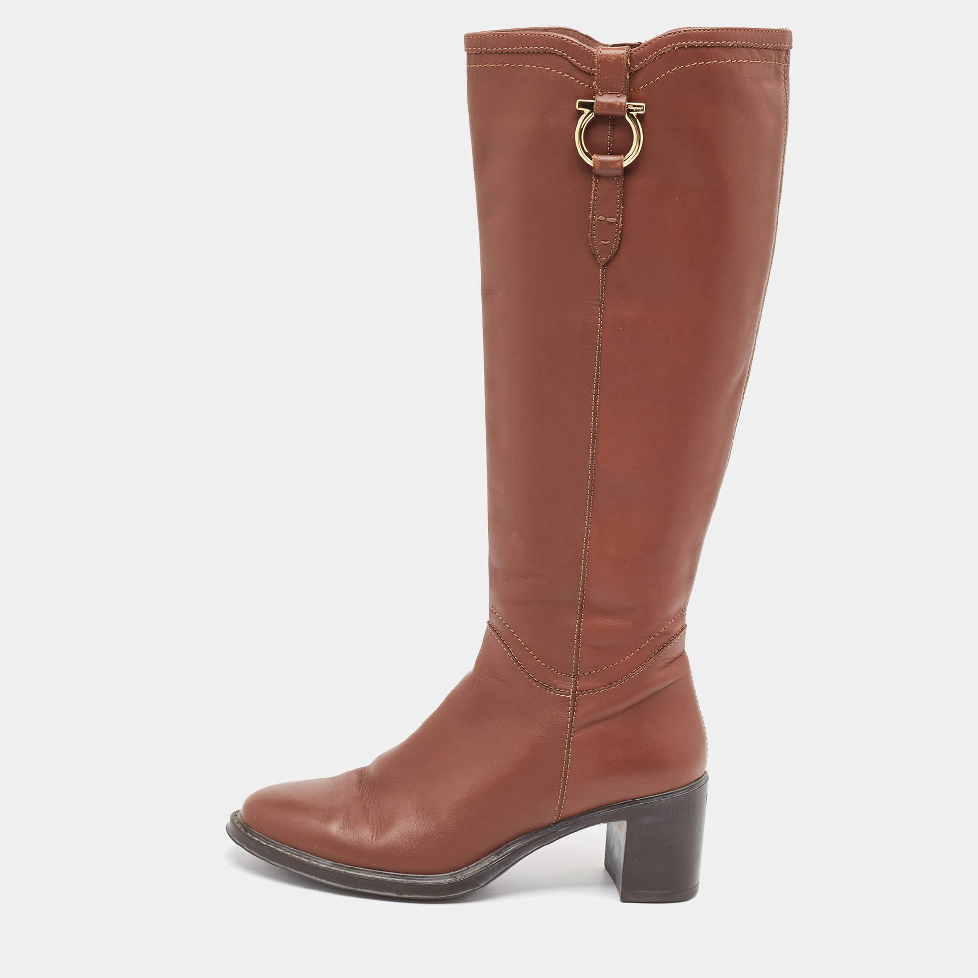 Pre Owned Salvatore Ferragamo Brown Leather Knee Length Boots Size 37.5