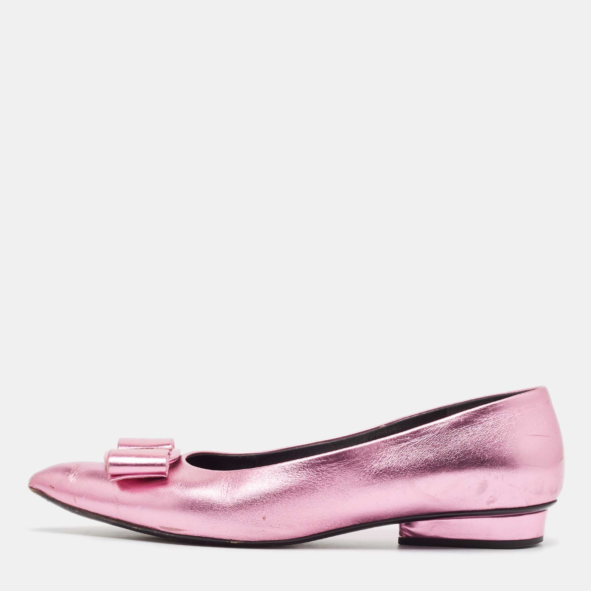 Salvatore Ferragamo Metallic Pink Leather Viva Bow Ballet Flats Size 40