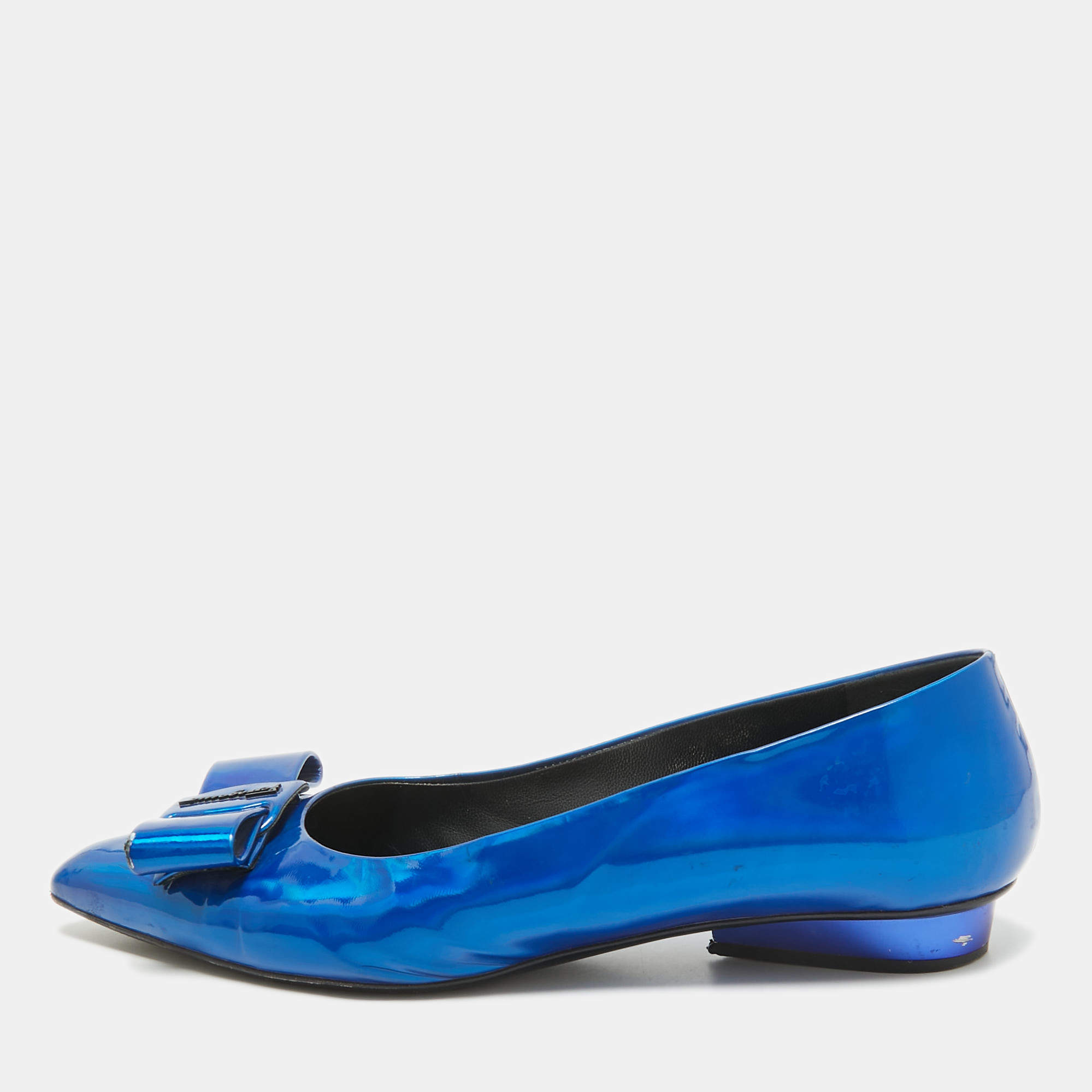 Salvatore Ferragamo Metallic Blue Patent Leather Viva Bow Ballet Flats Size 40